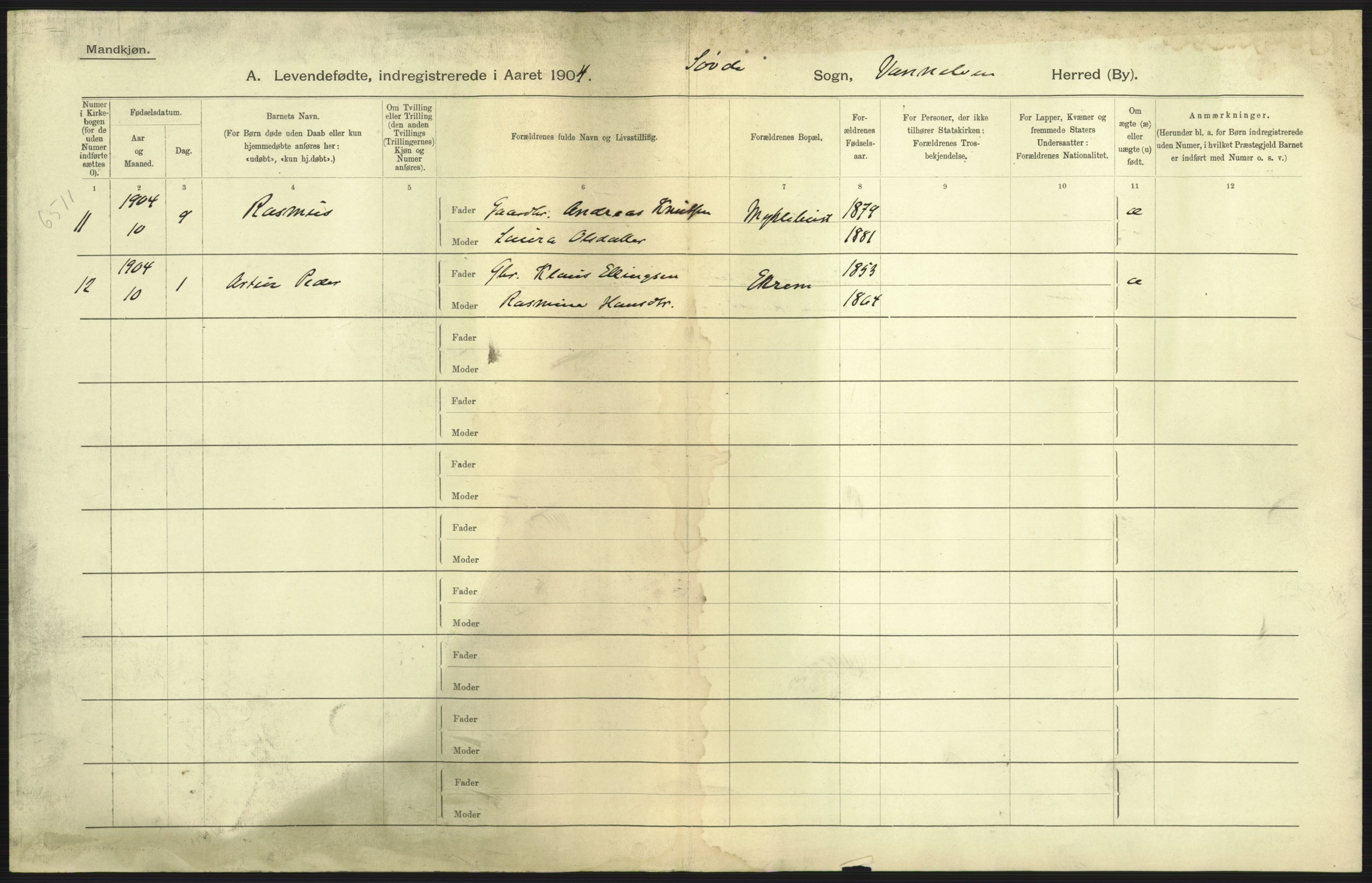 Statistisk sentralbyrå, Sosiodemografiske emner, Befolkning, AV/RA-S-2228/D/Df/Dfa/Dfab/L0016: Romsdals amt: Fødte, gifte, døde., 1904, s. 7