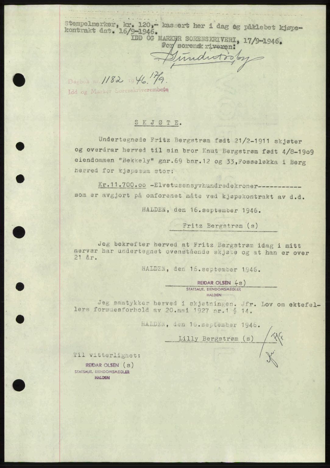 Idd og Marker sorenskriveri, SAO/A-10283/G/Gb/Gbb/L0008: Pantebok nr. A8, 1946-1946, Dagboknr: 1182/1946