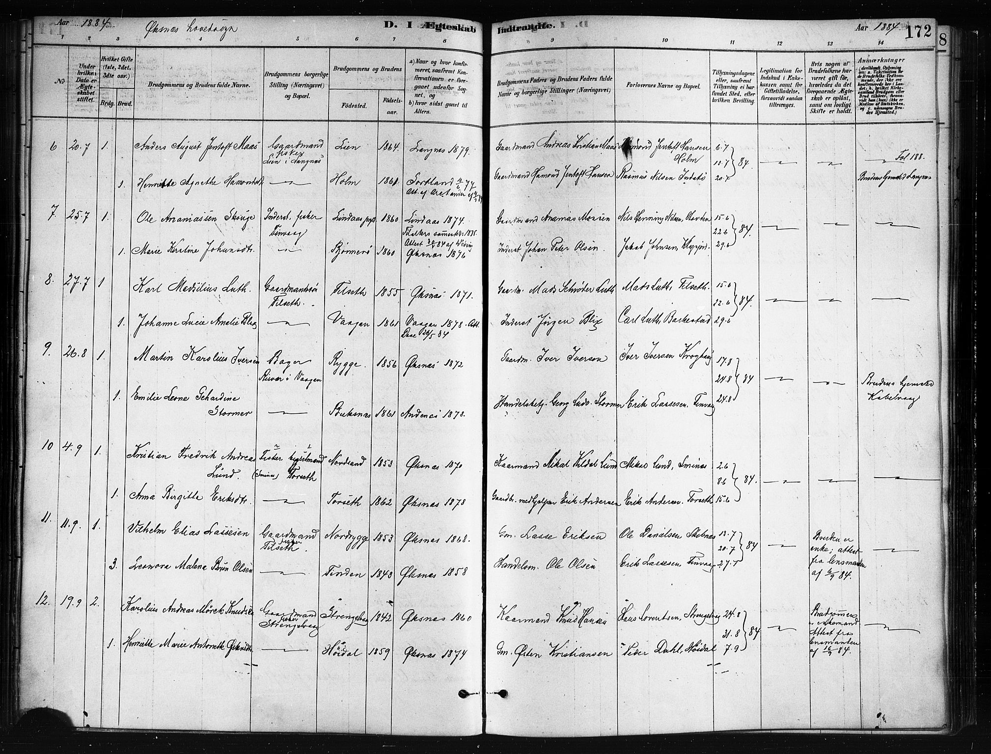 Ministerialprotokoller, klokkerbøker og fødselsregistre - Nordland, AV/SAT-A-1459/893/L1335: Ministerialbok nr. 893A08 /1, 1878-1884, s. 172