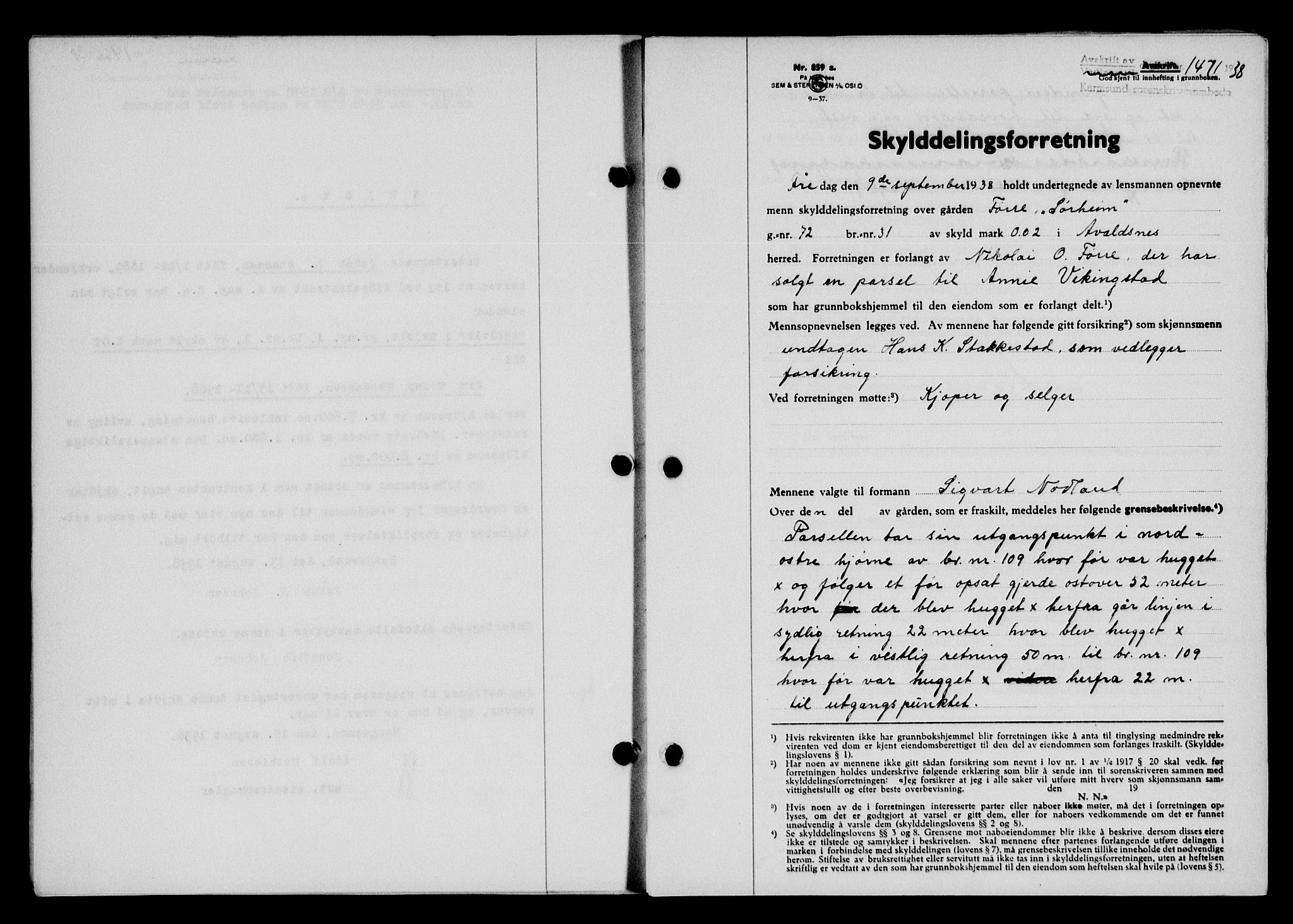 Karmsund sorenskriveri, SAST/A-100311/01/II/IIB/L0070: Pantebok nr. 51A, 1938-1939, Dagboknr: 1471/1938