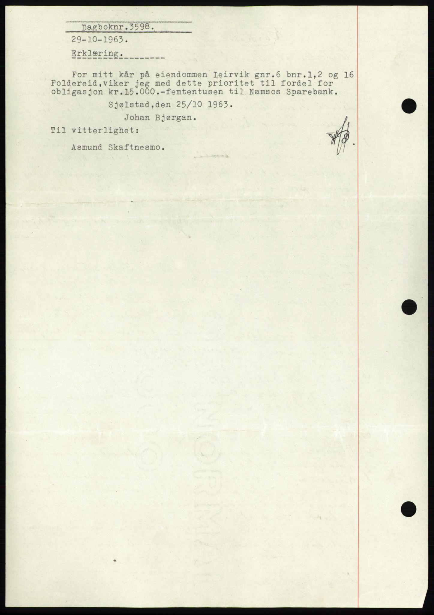 Namdal sorenskriveri, SAT/A-4133/1/2/2C: Pantebok nr. -, 1946-1946, Dagboknr: 3598/1946