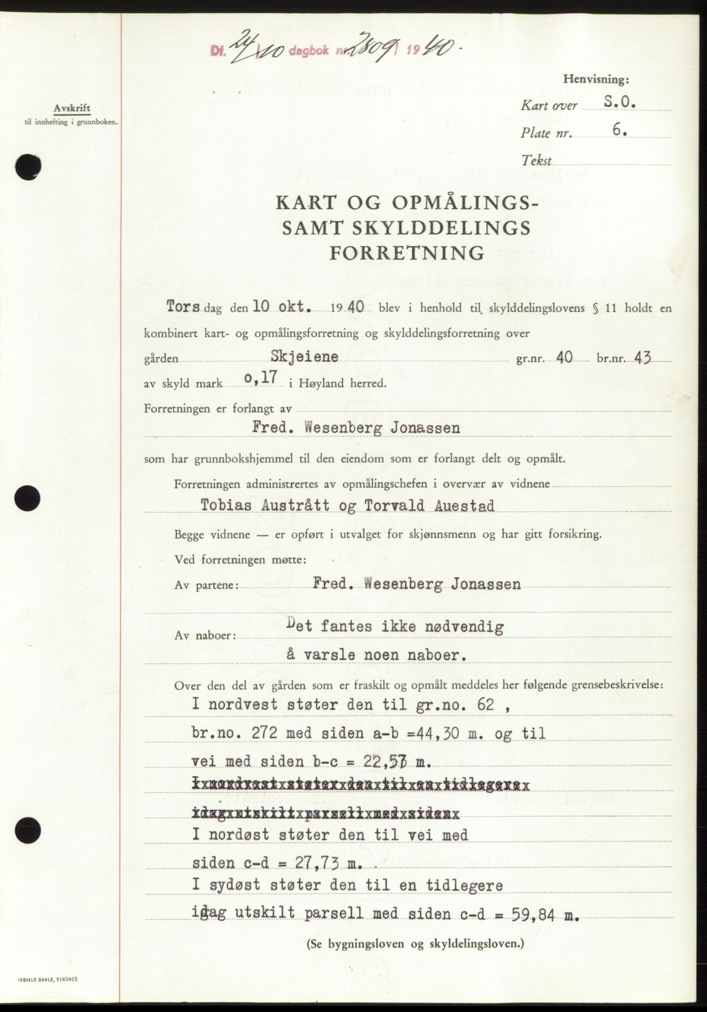 Jæren sorenskriveri, SAST/A-100310/03/G/Gba/L0078: Pantebok, 1940-1940, Dagboknr: 2809/1940