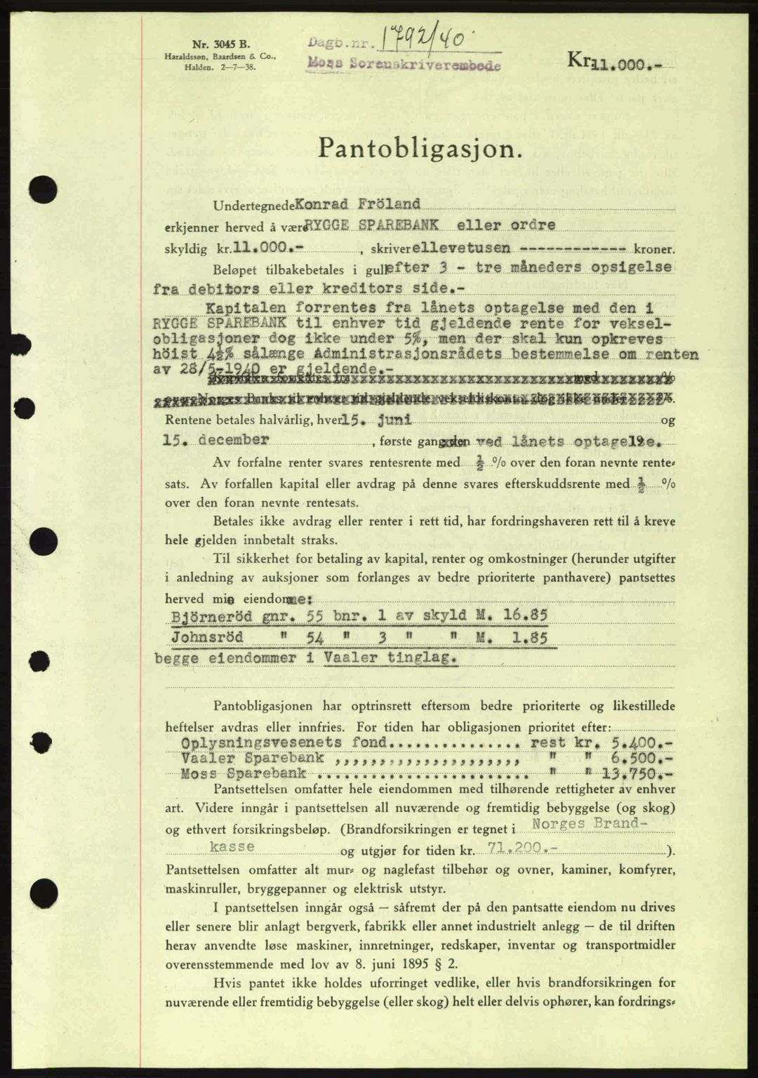 Moss sorenskriveri, SAO/A-10168: Pantebok nr. B10, 1940-1941, Dagboknr: 1792/1940