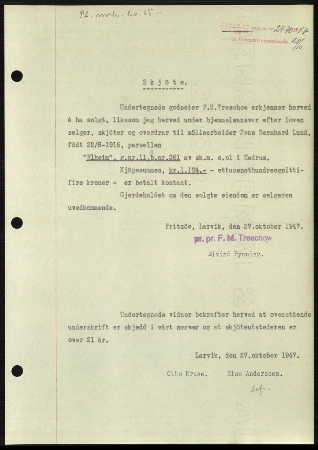 Larvik sorenskriveri, SAKO/A-83/G/Ga/Gab/L0085: Pantebok nr. A-19, 1947-1948, Dagboknr: 2970/1947