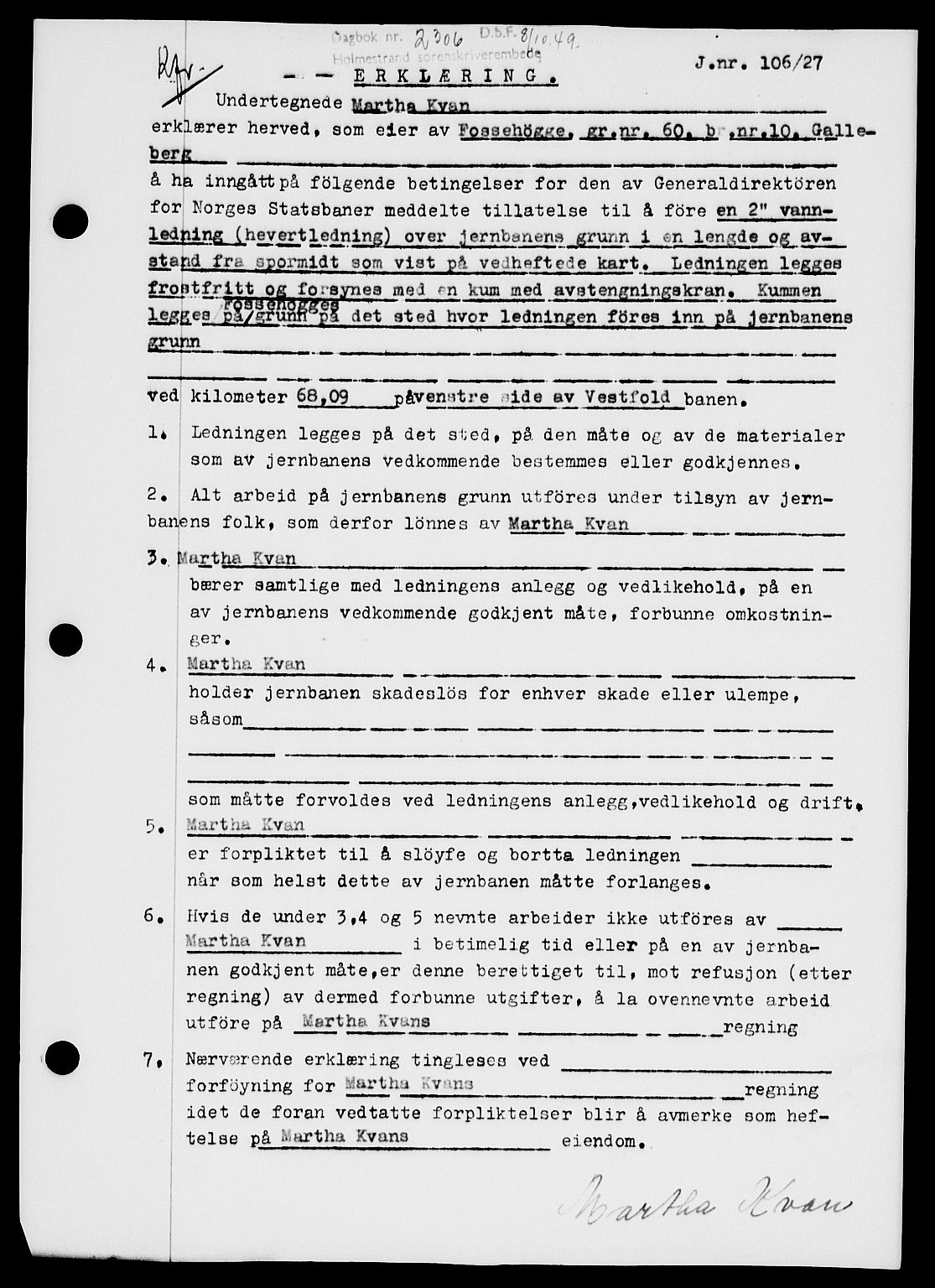 Holmestrand sorenskriveri, SAKO/A-67/G/Ga/Gaa/L0067: Pantebok nr. A-67, 1949-1949, Dagboknr: 2306/1949