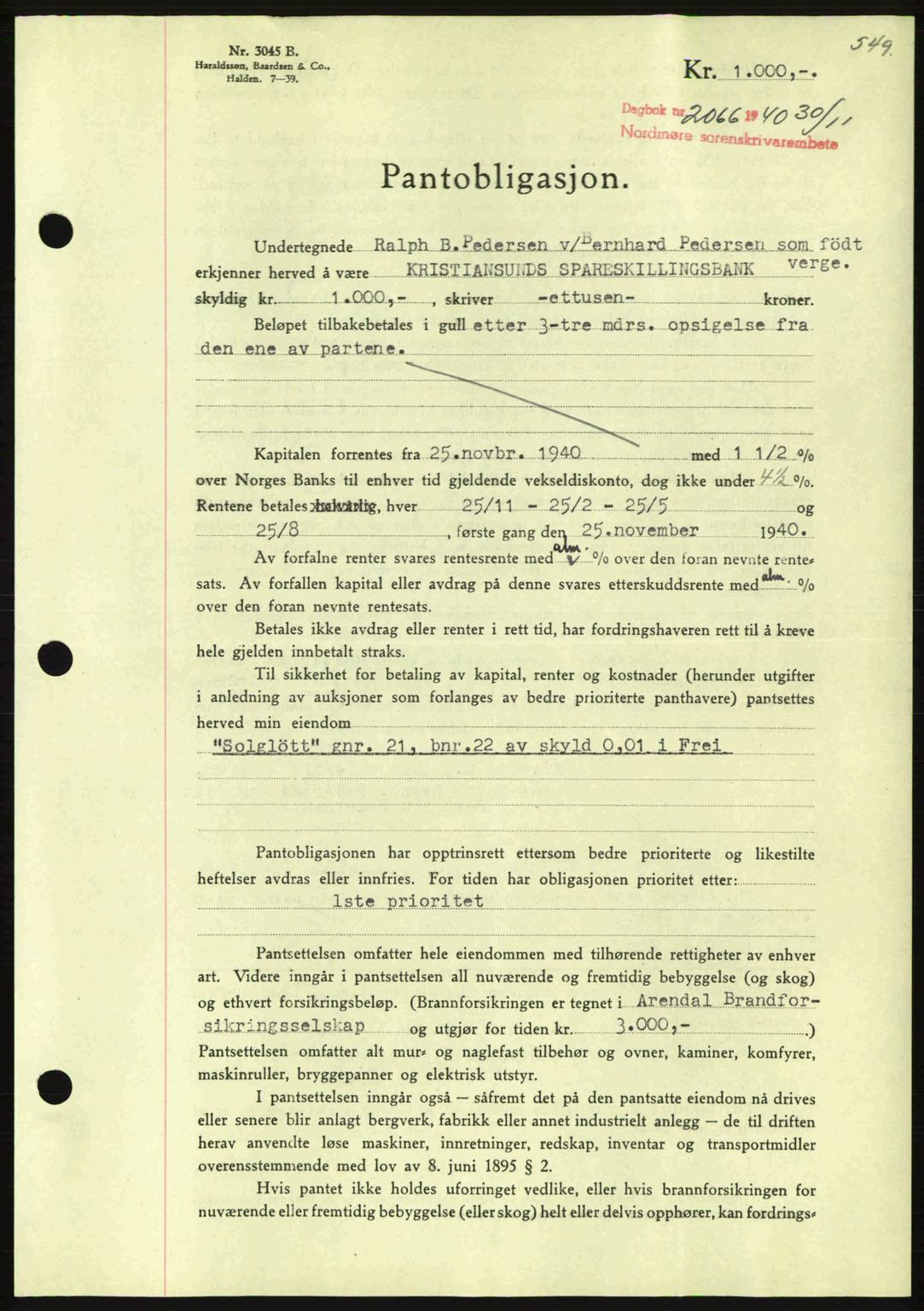 Nordmøre sorenskriveri, AV/SAT-A-4132/1/2/2Ca: Pantebok nr. B87, 1940-1941, Dagboknr: 2066/1940