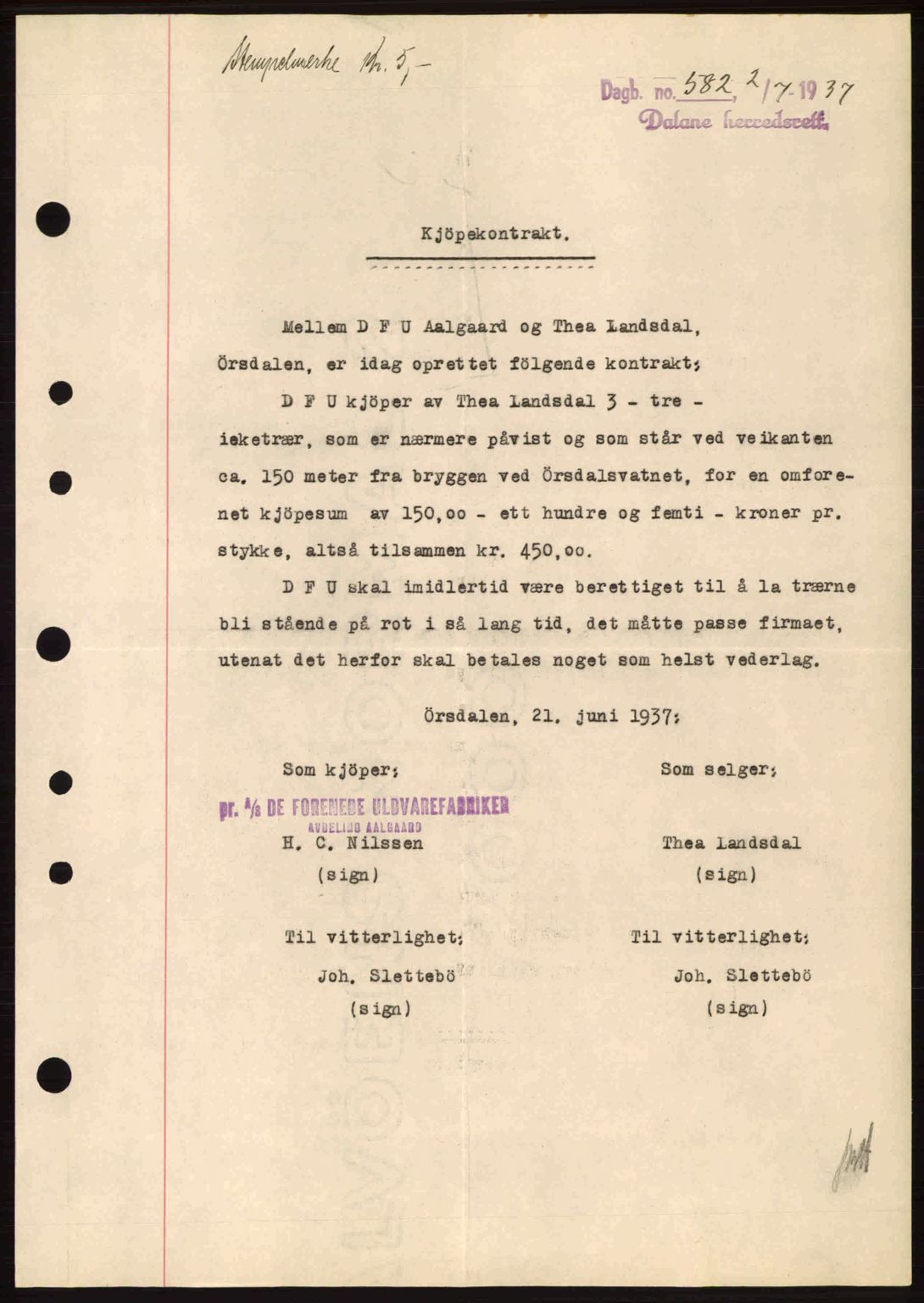 Dalane sorenskriveri, SAST/A-100309/02/G/Gb/L0041: Pantebok nr. A2, 1936-1937, Dagboknr: 582/1937