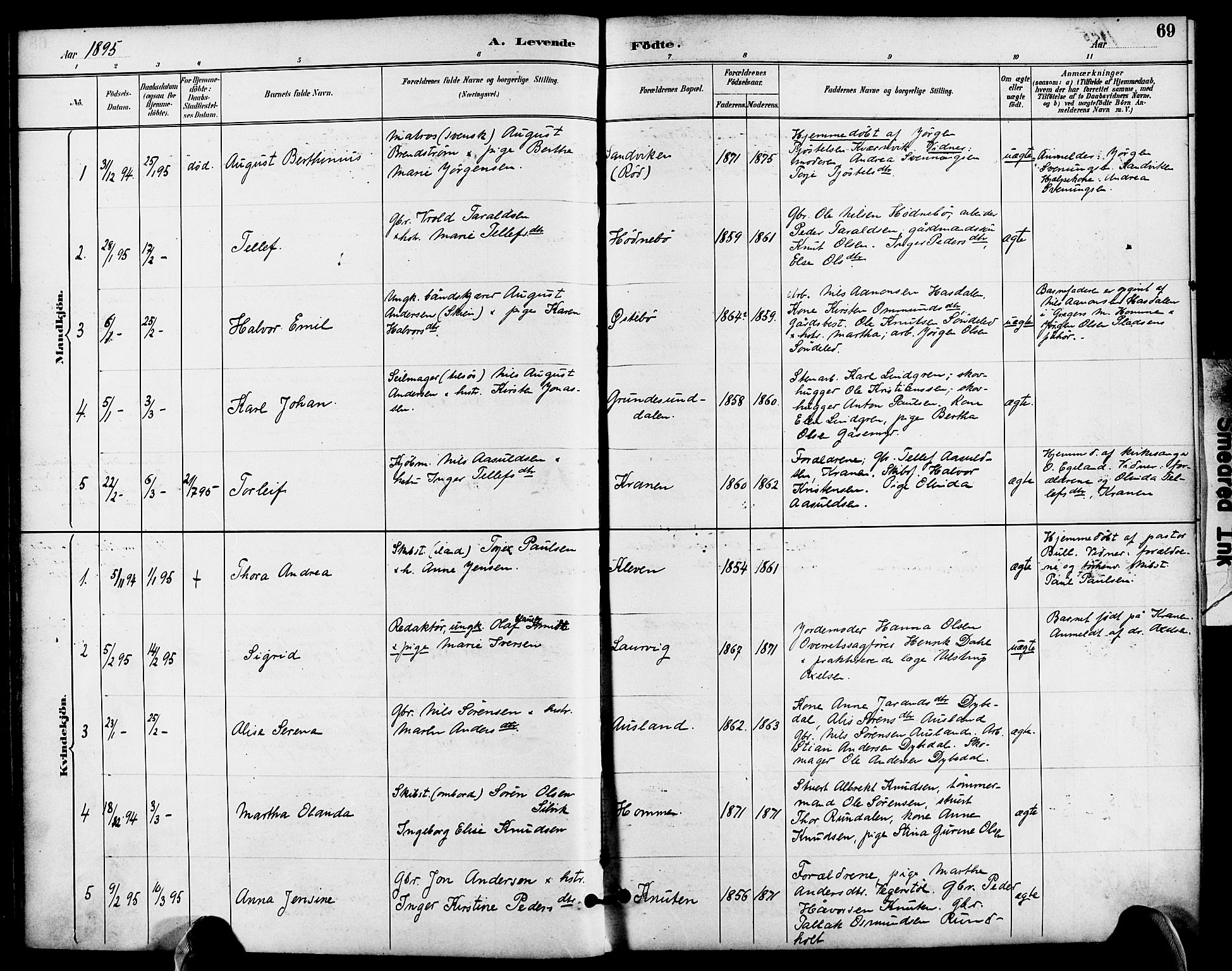 Søndeled sokneprestkontor, AV/SAK-1111-0038/F/Fa/L0005: Ministerialbok nr. A 5, 1889-1899, s. 69