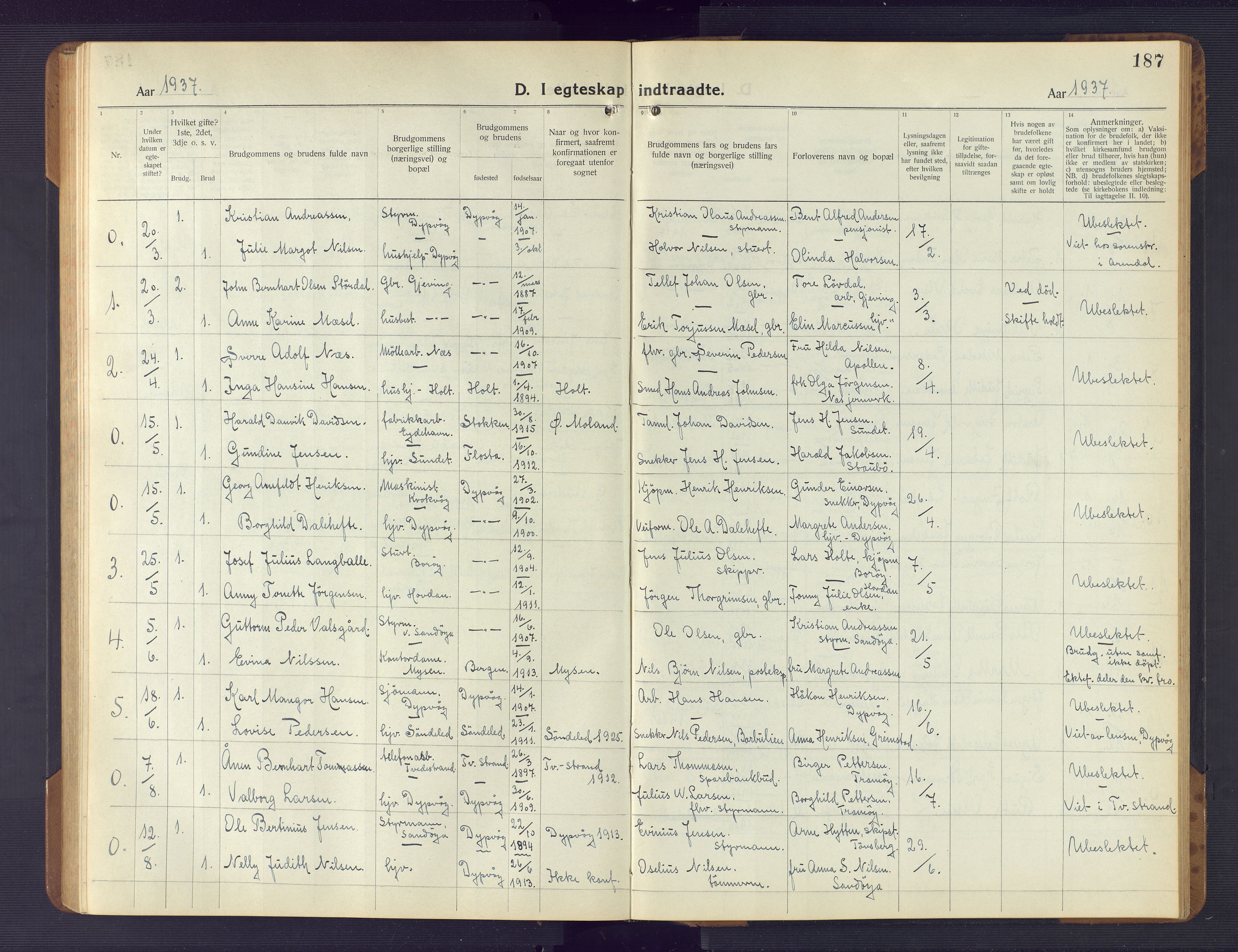 Dypvåg sokneprestkontor, AV/SAK-1111-0007/F/Fb/Fba/L0015: Klokkerbok nr. B 15, 1922-1949, s. 187