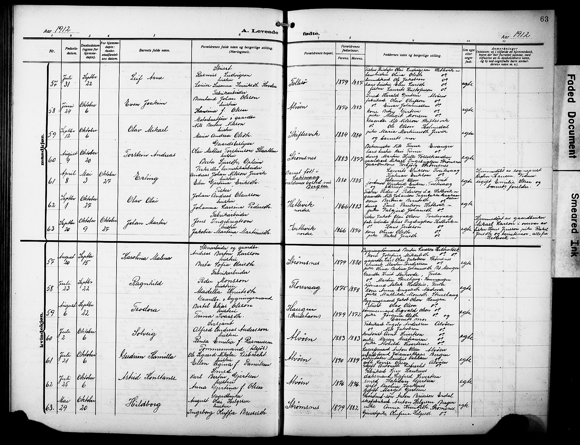 Askøy Sokneprestembete, AV/SAB-A-74101/H/Ha/Hab/Haba/L0011: Klokkerbok nr. A 11, 1908-1931, s. 63