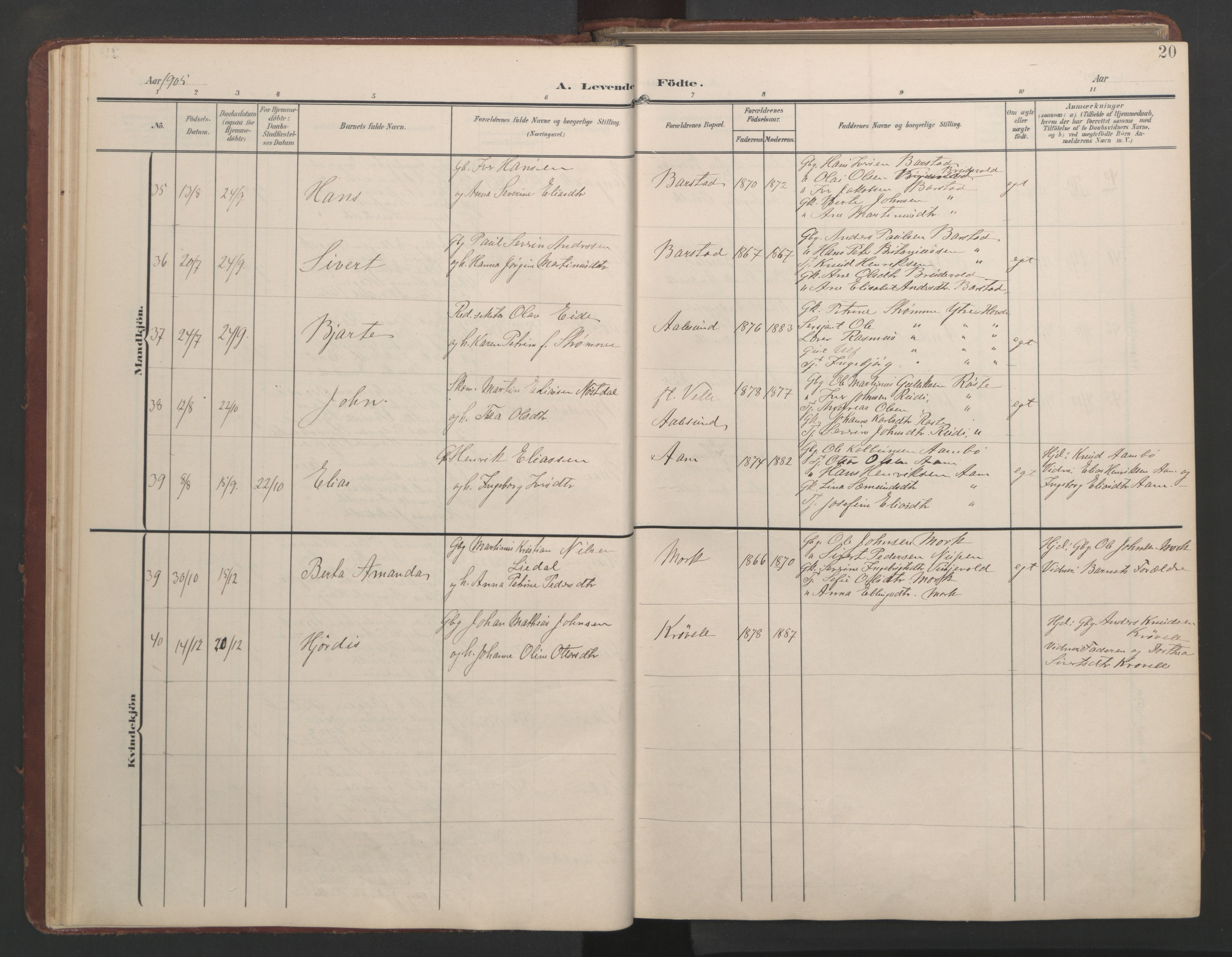 Ministerialprotokoller, klokkerbøker og fødselsregistre - Møre og Romsdal, AV/SAT-A-1454/513/L0190: Klokkerbok nr. 513C04, 1904-1926, s. 20