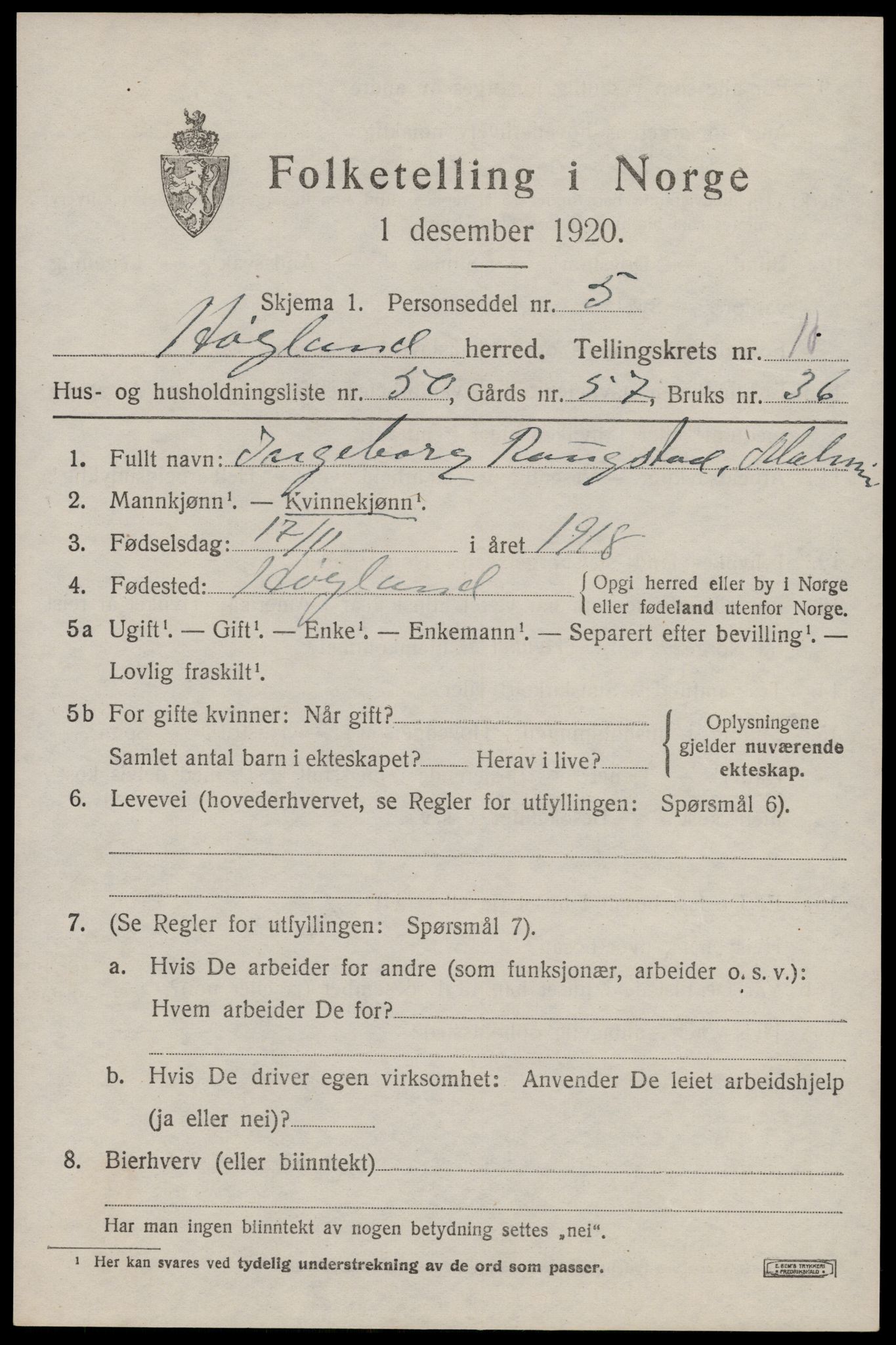 SAST, Folketelling 1920 for 1123 Høyland herred, 1920, s. 7816