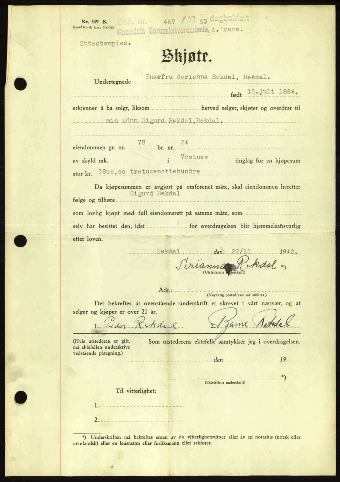 Romsdal sorenskriveri, SAT/A-4149/1/2/2C: Pantebok nr. A14, 1943-1943, Dagboknr: 457/1943