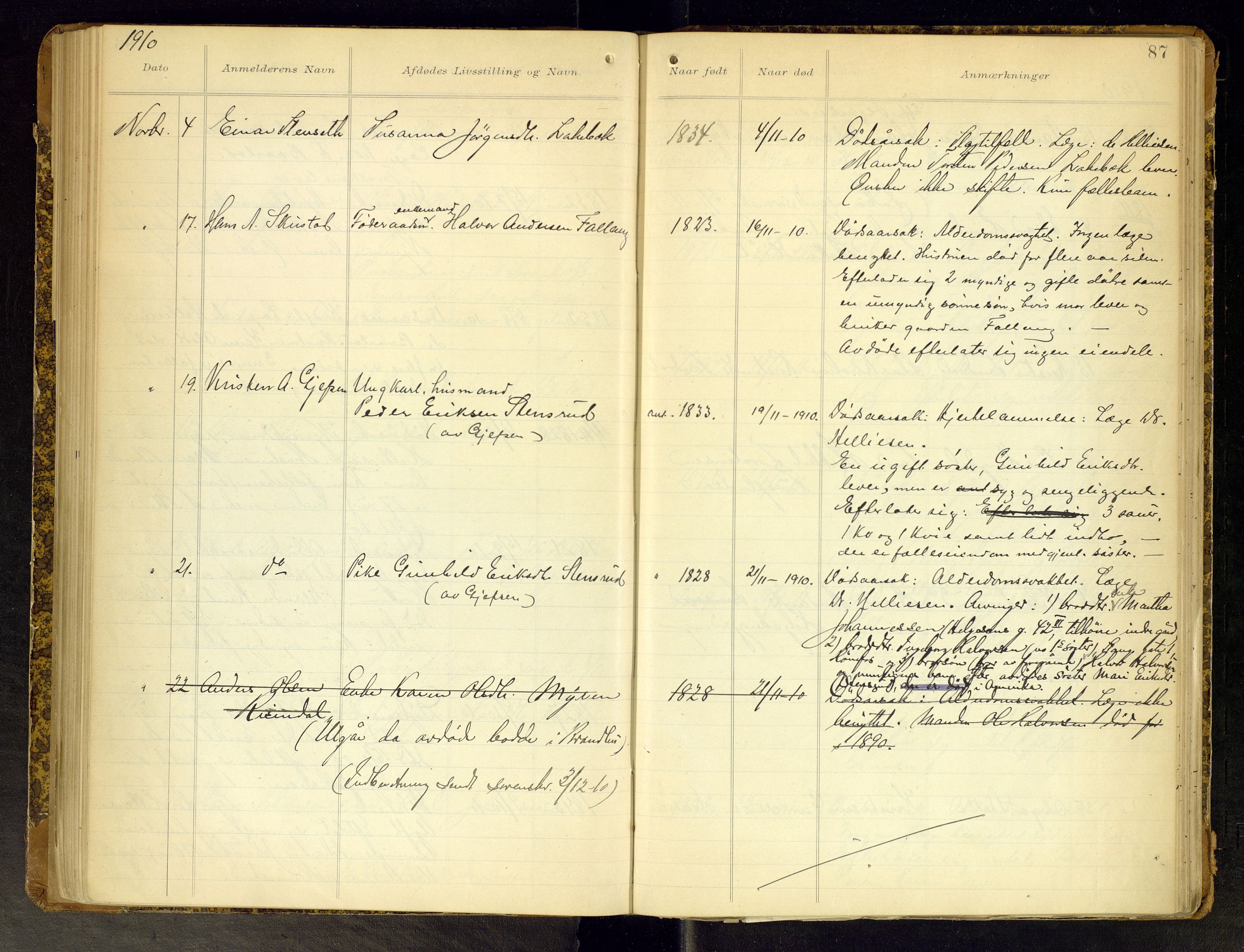 Gran lensmannskontor, AV/SAH-LOG-010/H/Ha/L0002: Dødsfallsprotokoll, 1899-1917, s. 87