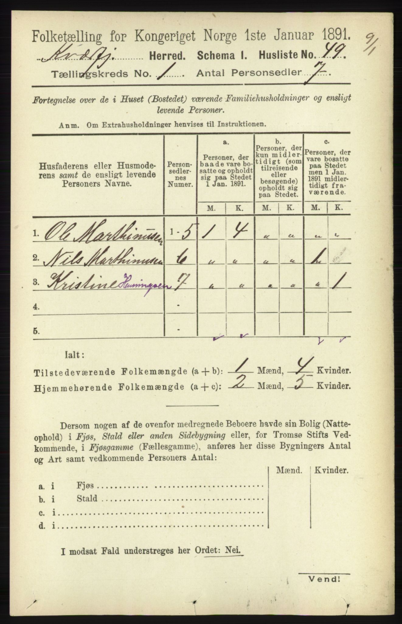 RA, Folketelling 1891 for 1911 Kvæfjord herred, 1891, s. 69