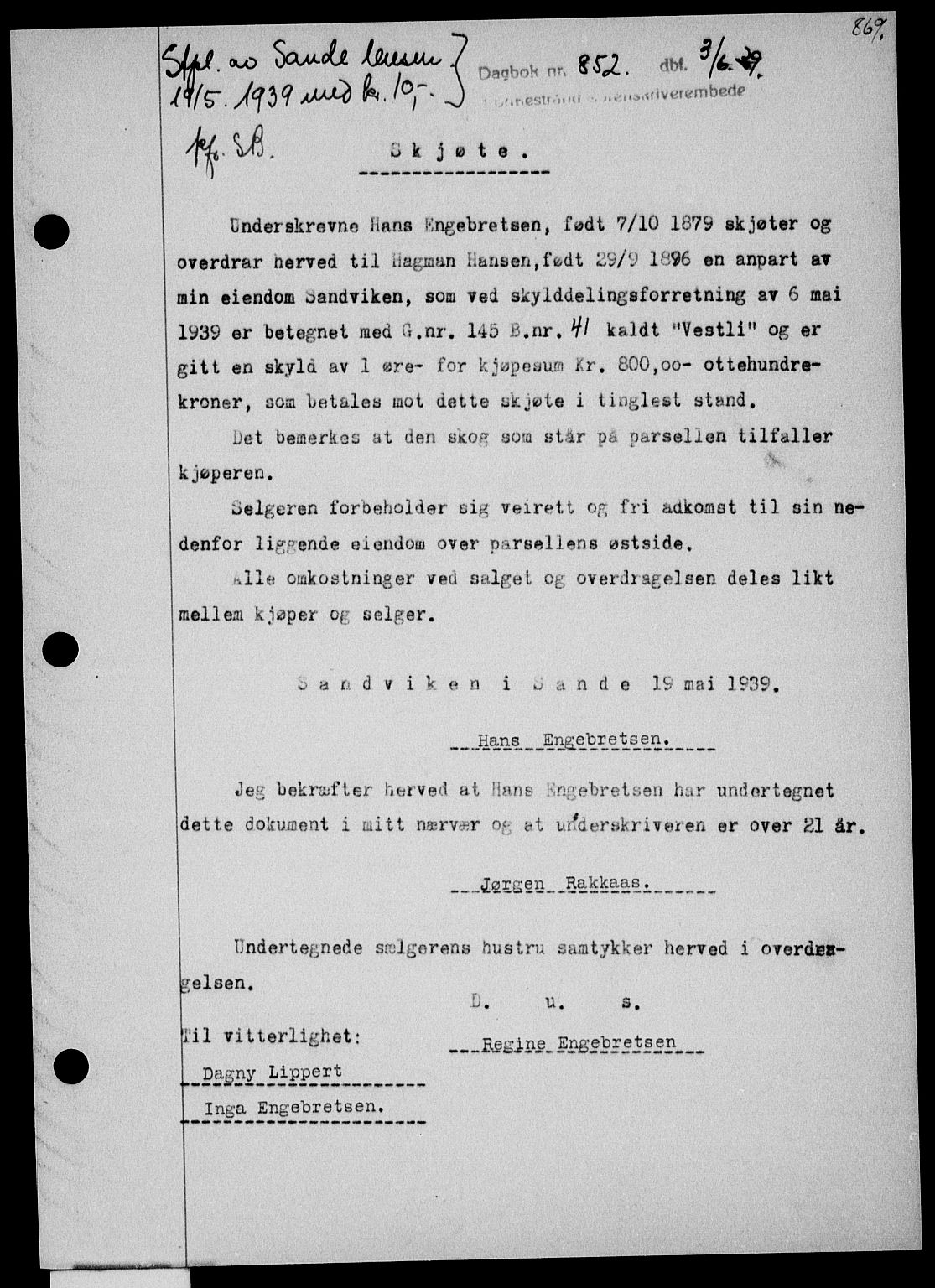 Holmestrand sorenskriveri, SAKO/A-67/G/Ga/Gaa/L0050: Pantebok nr. A-50, 1938-1939, Dagboknr: 852/1939