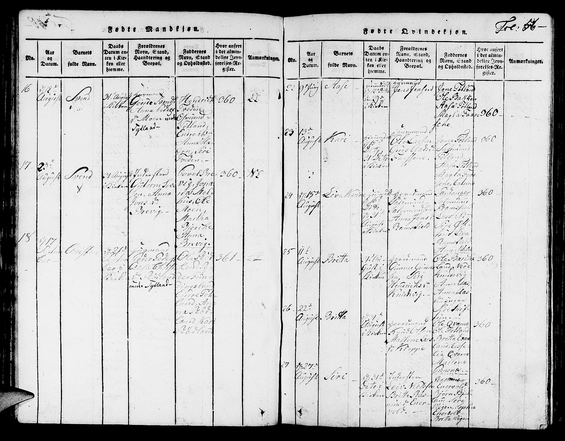 Hjelmeland sokneprestkontor, AV/SAST-A-101843/01/V/L0001: Klokkerbok nr. B 1, 1816-1841, s. 56