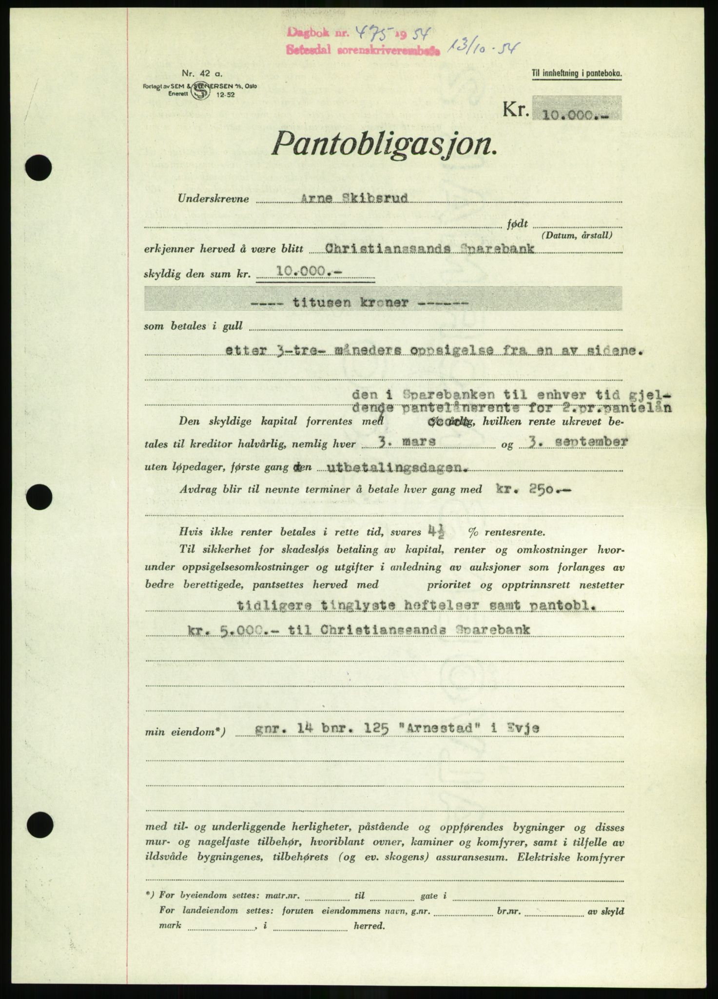 Setesdal sorenskriveri, SAK/1221-0011/G/Gb/L0052: Pantebok nr. B 40, 1954-1955, Dagboknr: 475/1954