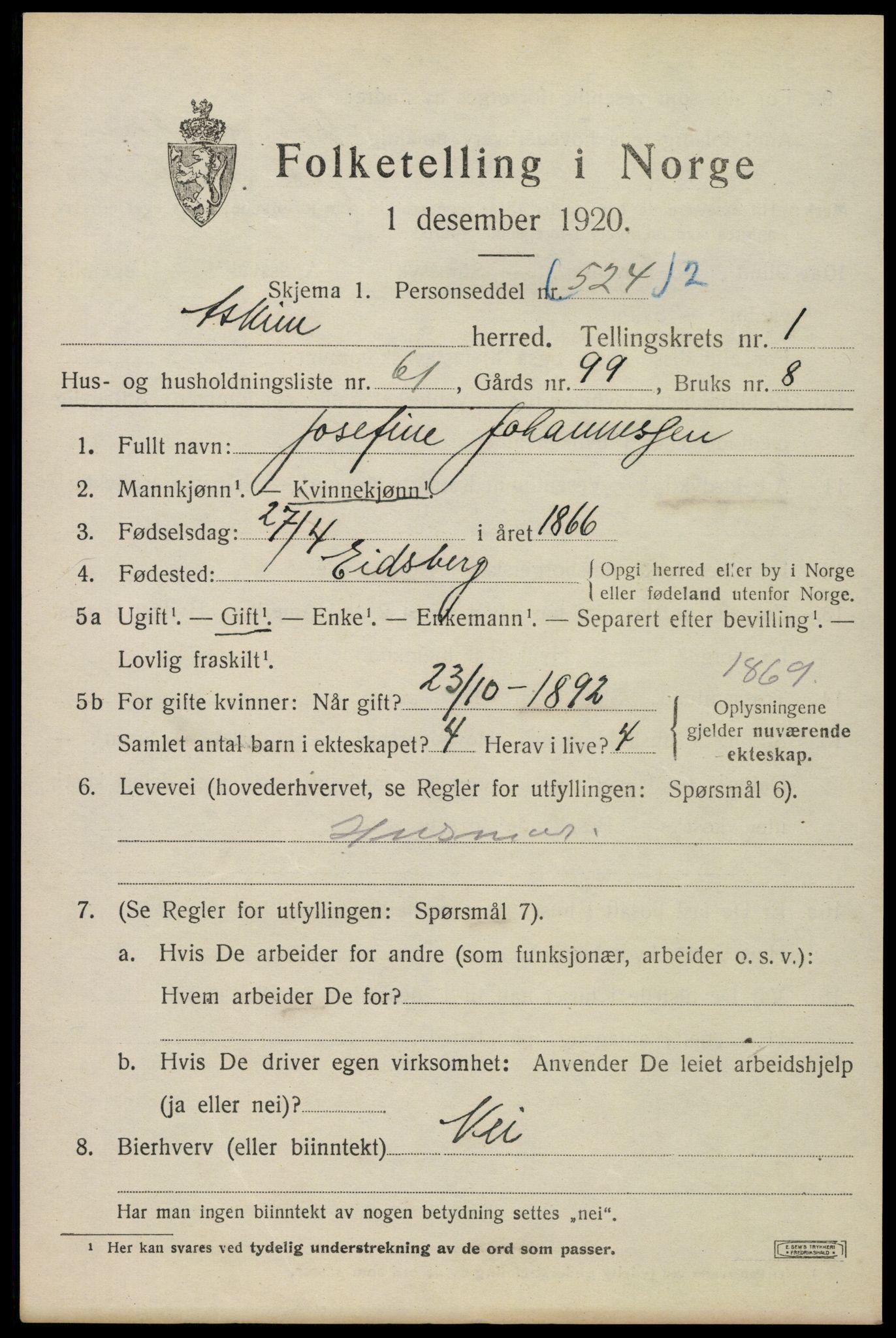 SAO, Folketelling 1920 for 0124 Askim herred, 1920, s. 2485