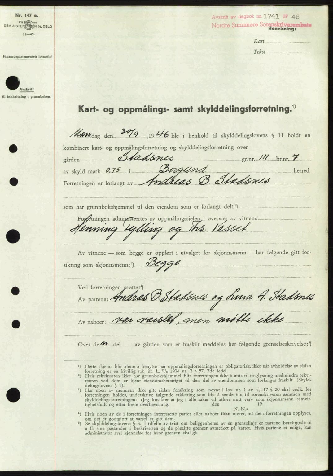 Nordre Sunnmøre sorenskriveri, SAT/A-0006/1/2/2C/2Ca: Pantebok nr. A22, 1946-1946, Dagboknr: 1741/1946