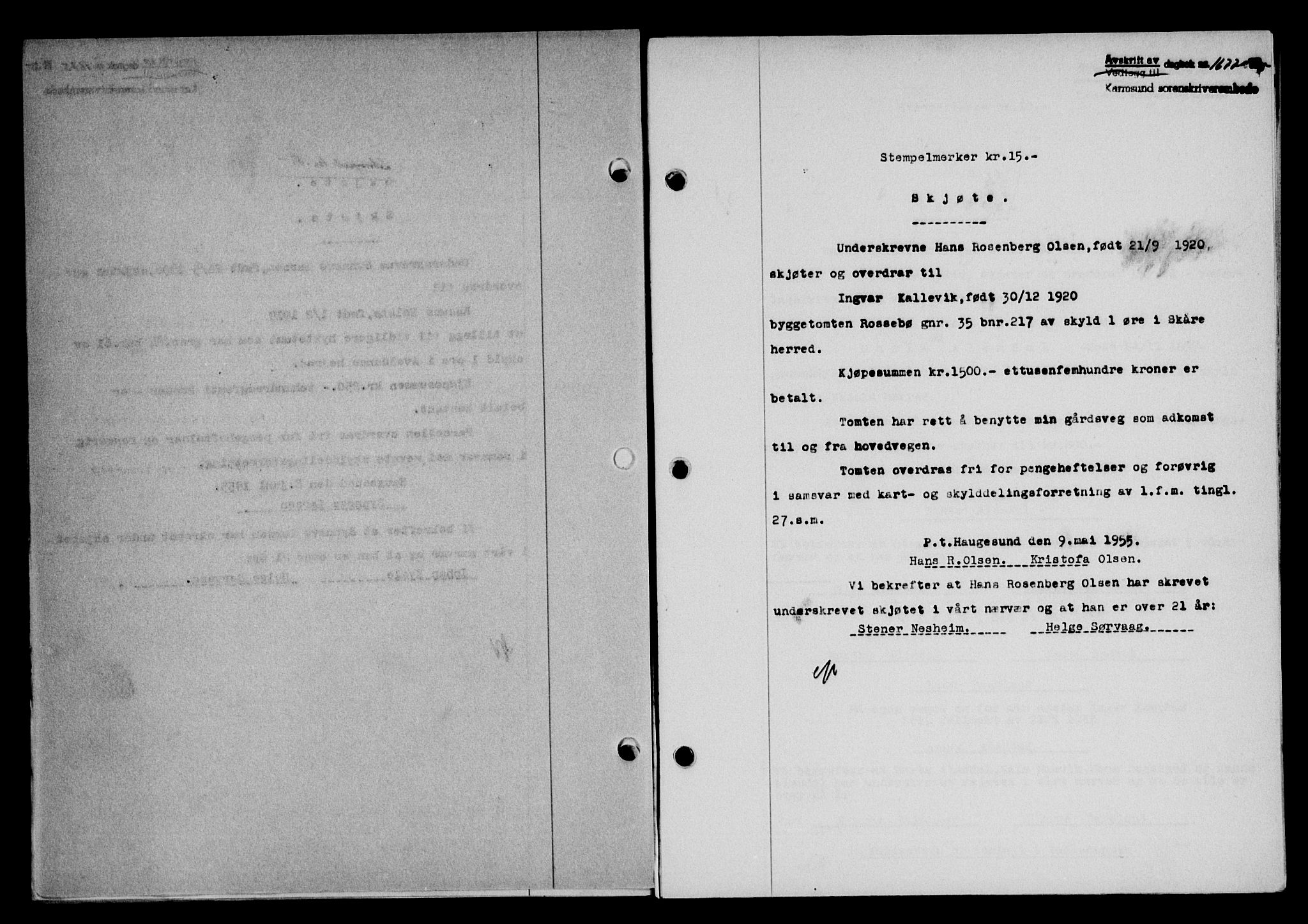 Karmsund sorenskriveri, SAST/A-100311/01/II/IIB/L0116: Pantebok nr. 96A, 1955-1955, Dagboknr: 1677/1955