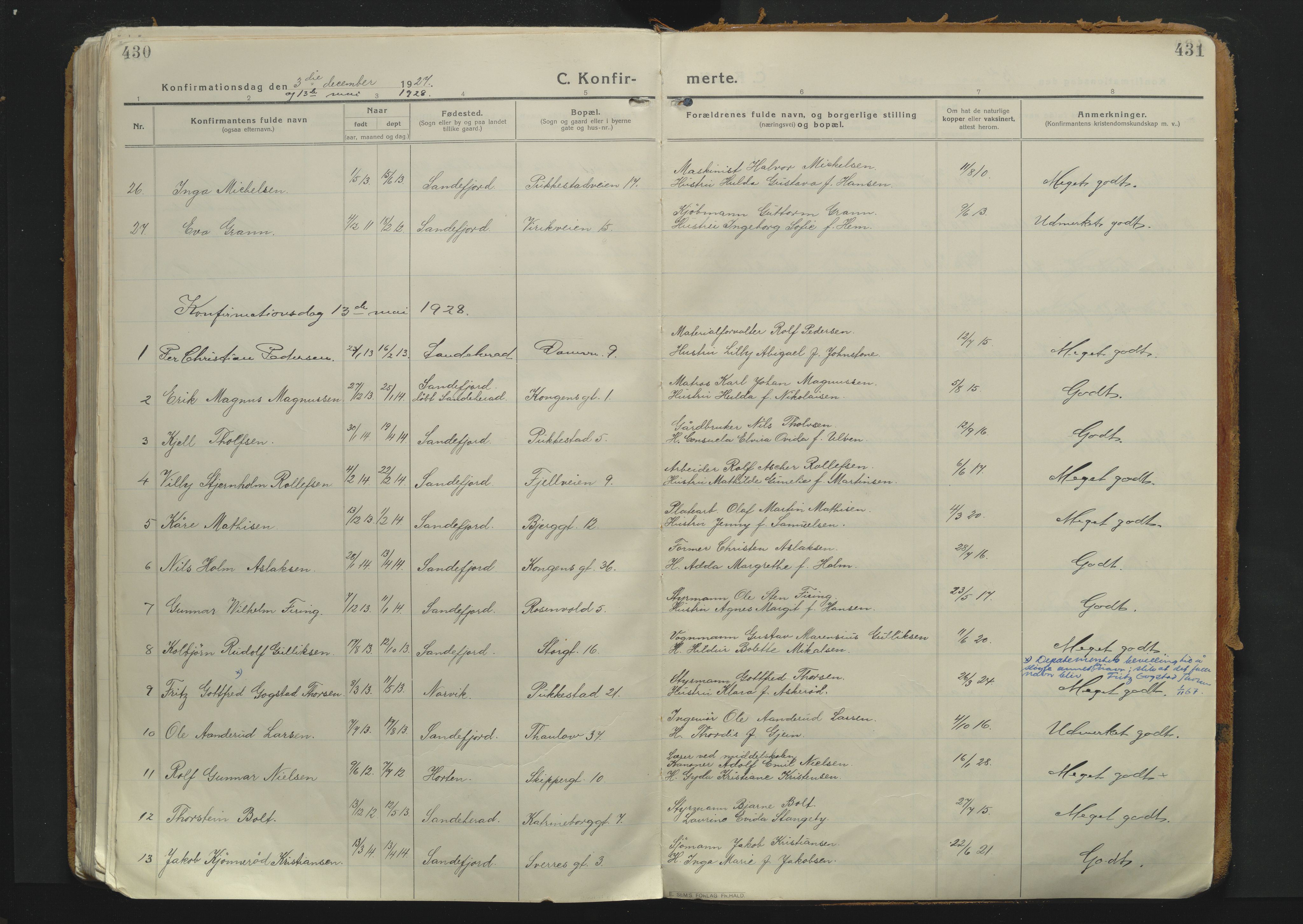 Sandefjord kirkebøker, AV/SAKO-A-315/F/Fa/L0007: Ministerialbok nr. 7, 1916-1930, s. 430-431