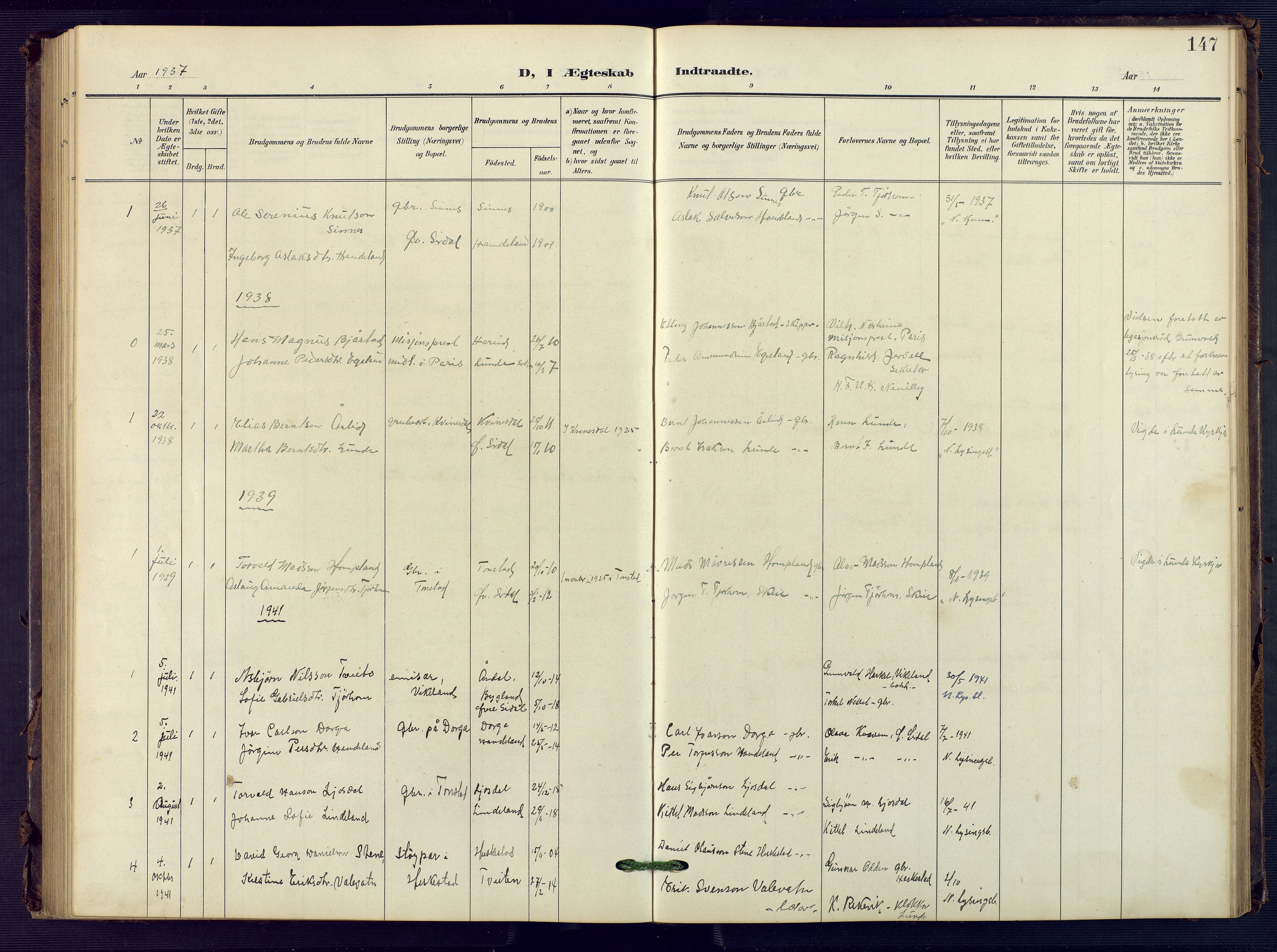 Sirdal sokneprestkontor, SAK/1111-0036/F/Fb/Fba/L0002: Klokkerbok nr. B 2, 1905-1958, s. 147