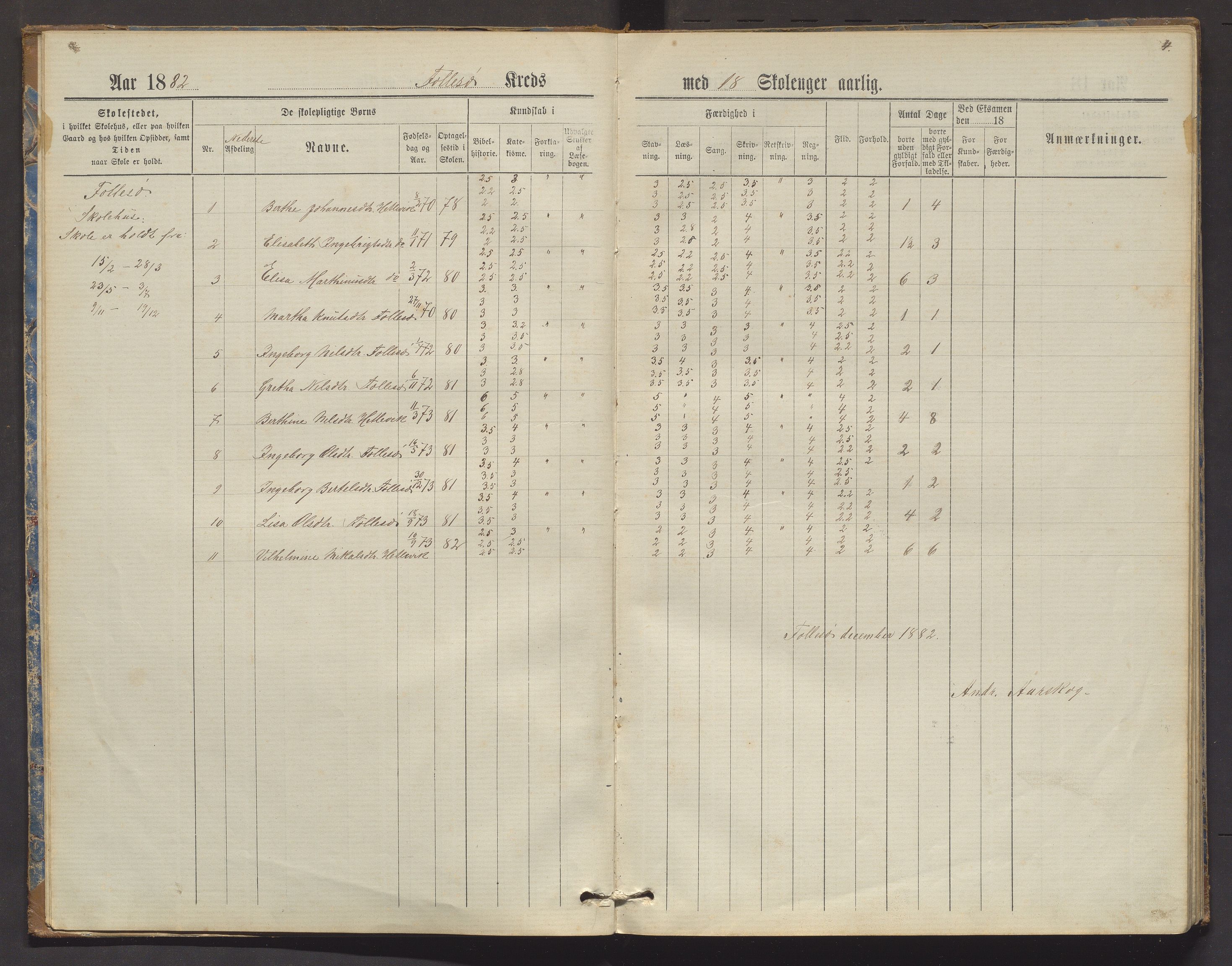 Askøy kommune. Barneskulane, IKAH/1247-231/F/Fd/L0002: Skuleprotokoll for Follese og Haugland krinsar, 1882-1893