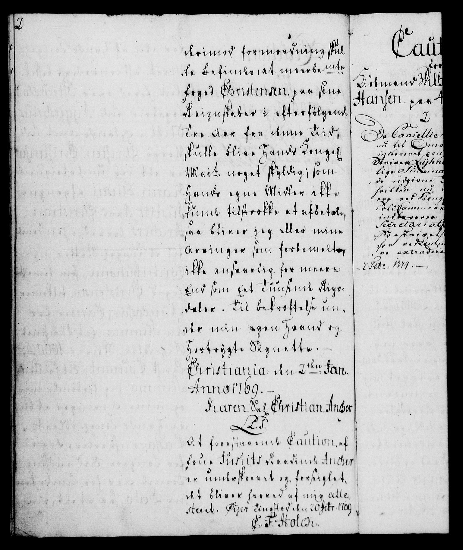 Rentekammeret, Kammerkanselliet, RA/EA-3111/G/Gh/Ghd/L0005: Kausjonsprotokoll med register (merket RK 53.43), 1769-1794, s. 2