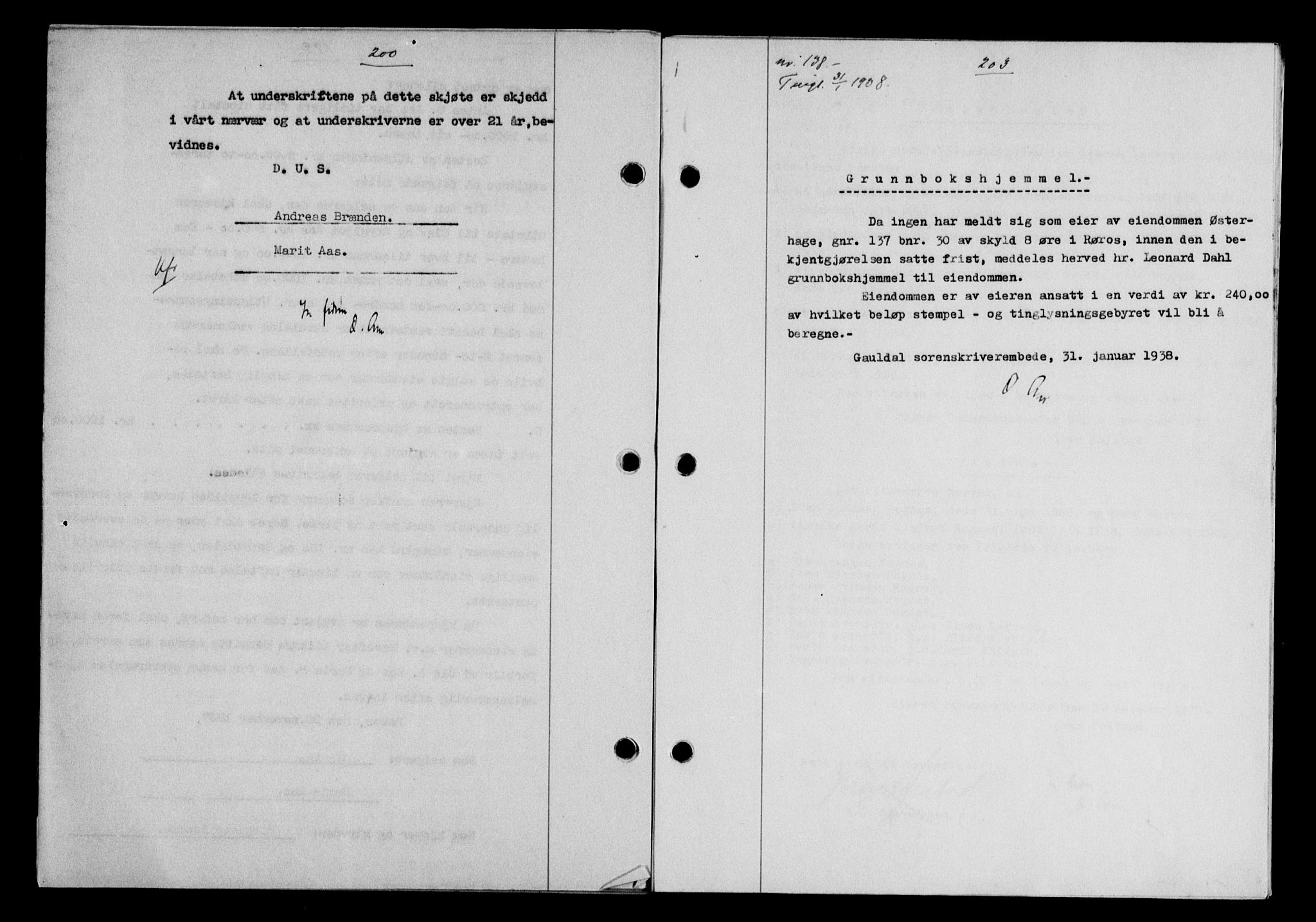Gauldal sorenskriveri, SAT/A-0014/1/2/2C/L0048: Pantebok nr. 51-52, 1937-1938, s. 200, Dagboknr: 138/1938