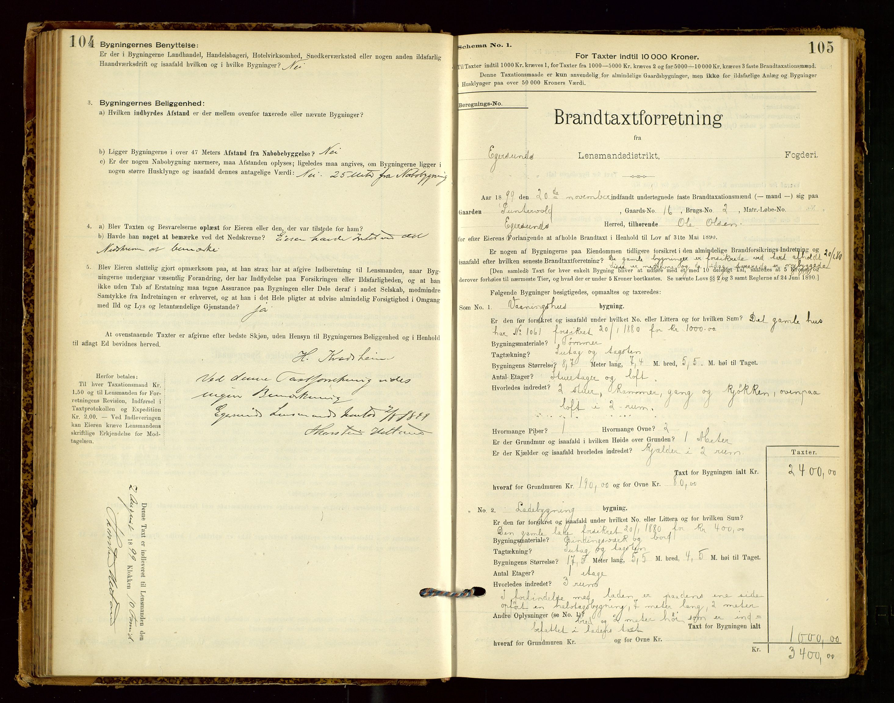 Eigersund lensmannskontor, SAST/A-100171/Gob/L0001: Skjemaprotokoll, 1894-1909, s. 104-105