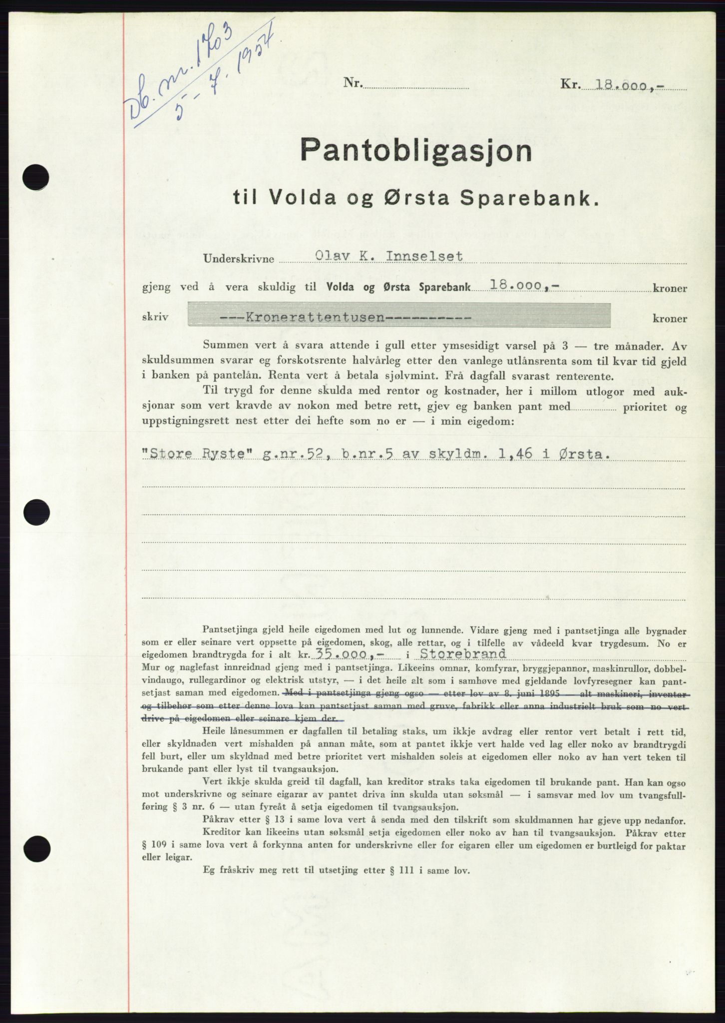Søre Sunnmøre sorenskriveri, SAT/A-4122/1/2/2C/L0125: Pantebok nr. 13B, 1954-1954, Dagboknr: 1703/1954