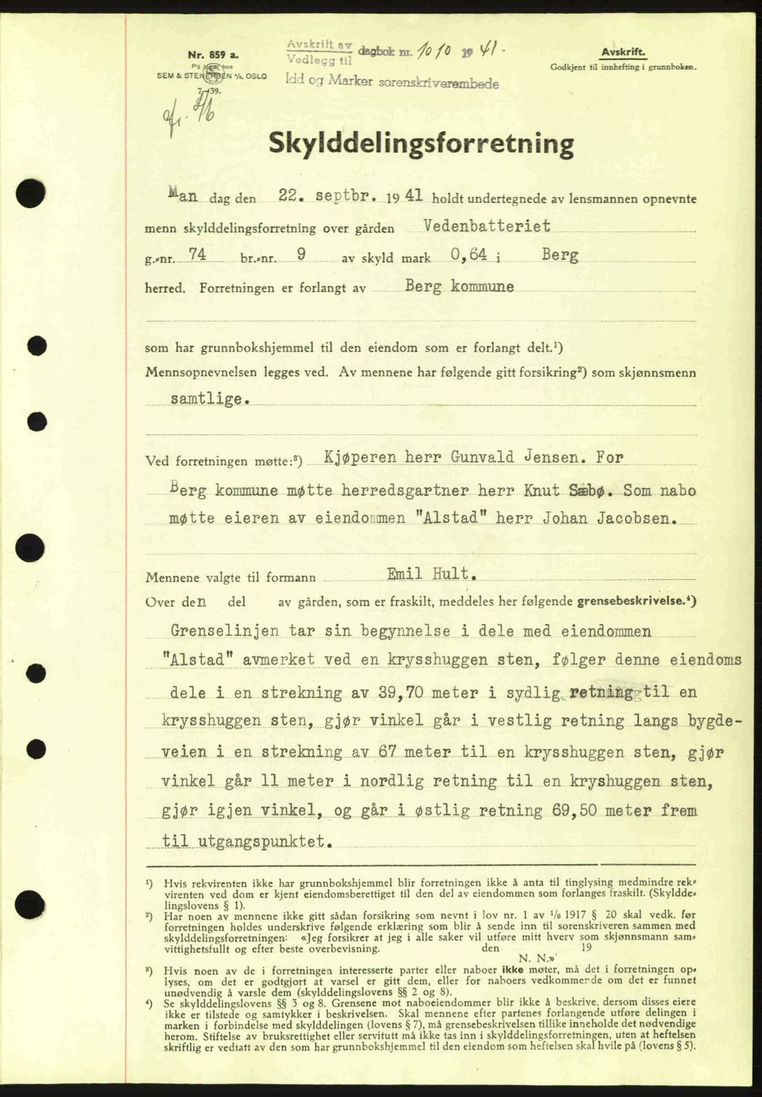 Idd og Marker sorenskriveri, AV/SAO-A-10283/G/Gb/Gbb/L0004: Pantebok nr. A4, 1940-1941, Dagboknr: 1010/1941