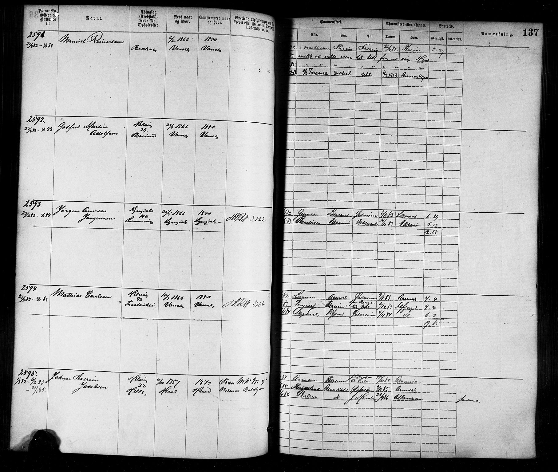 Farsund mønstringskrets, SAK/2031-0017/F/Fa/L0006: Annotasjonsrulle nr 1911-3805 med register, Z-3, 1877-1894, s. 165