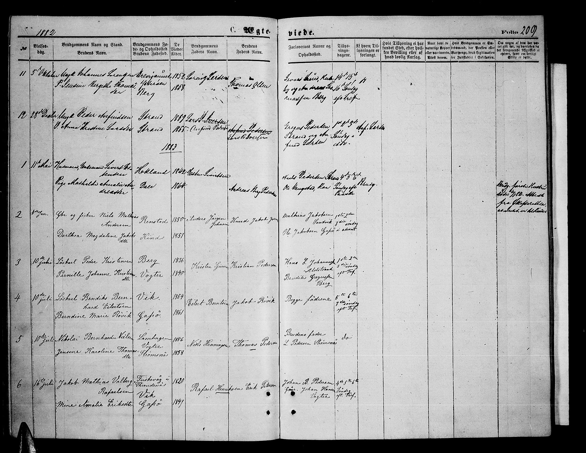 Kvæfjord sokneprestkontor, AV/SATØ-S-1323/G/Ga/Gab/L0004klokker: Klokkerbok nr. 4, 1870-1886, s. 209