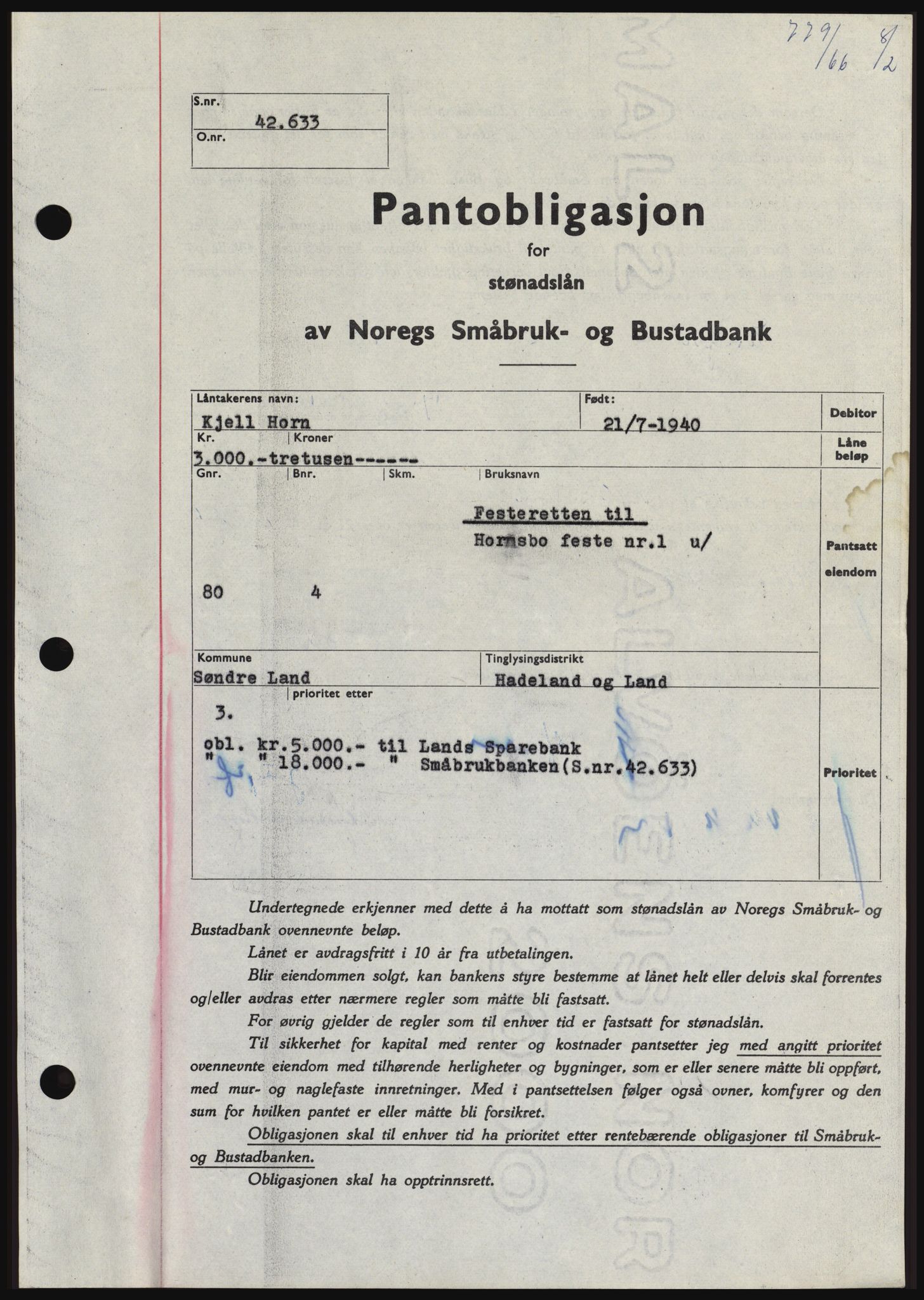 Hadeland og Land tingrett, SAH/TING-010/H/Hb/Hbc/L0061: Pantebok nr. B61, 1965-1966, Dagboknr: 779/1966