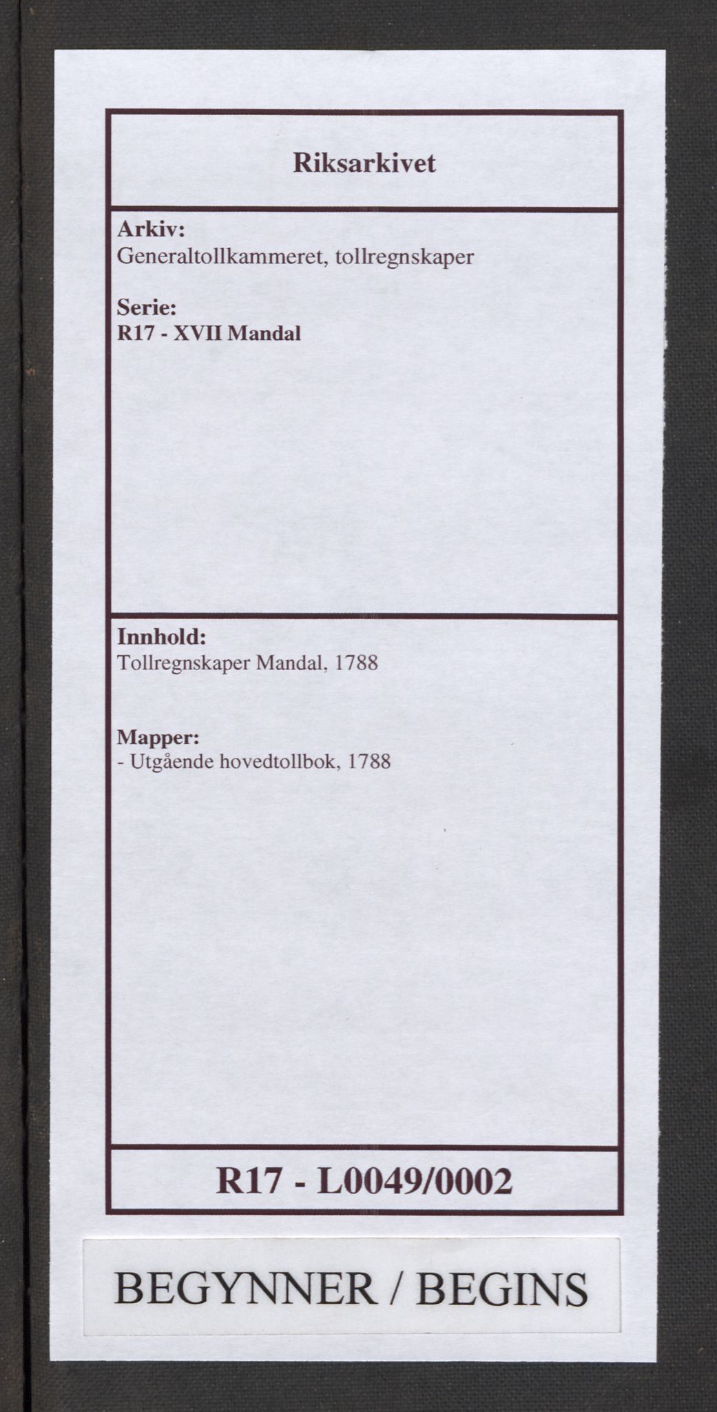 Generaltollkammeret, tollregnskaper, RA/EA-5490/R17/L0049/0002: Tollregnskaper Mandal / Utgående hovedtollbok, 1788
