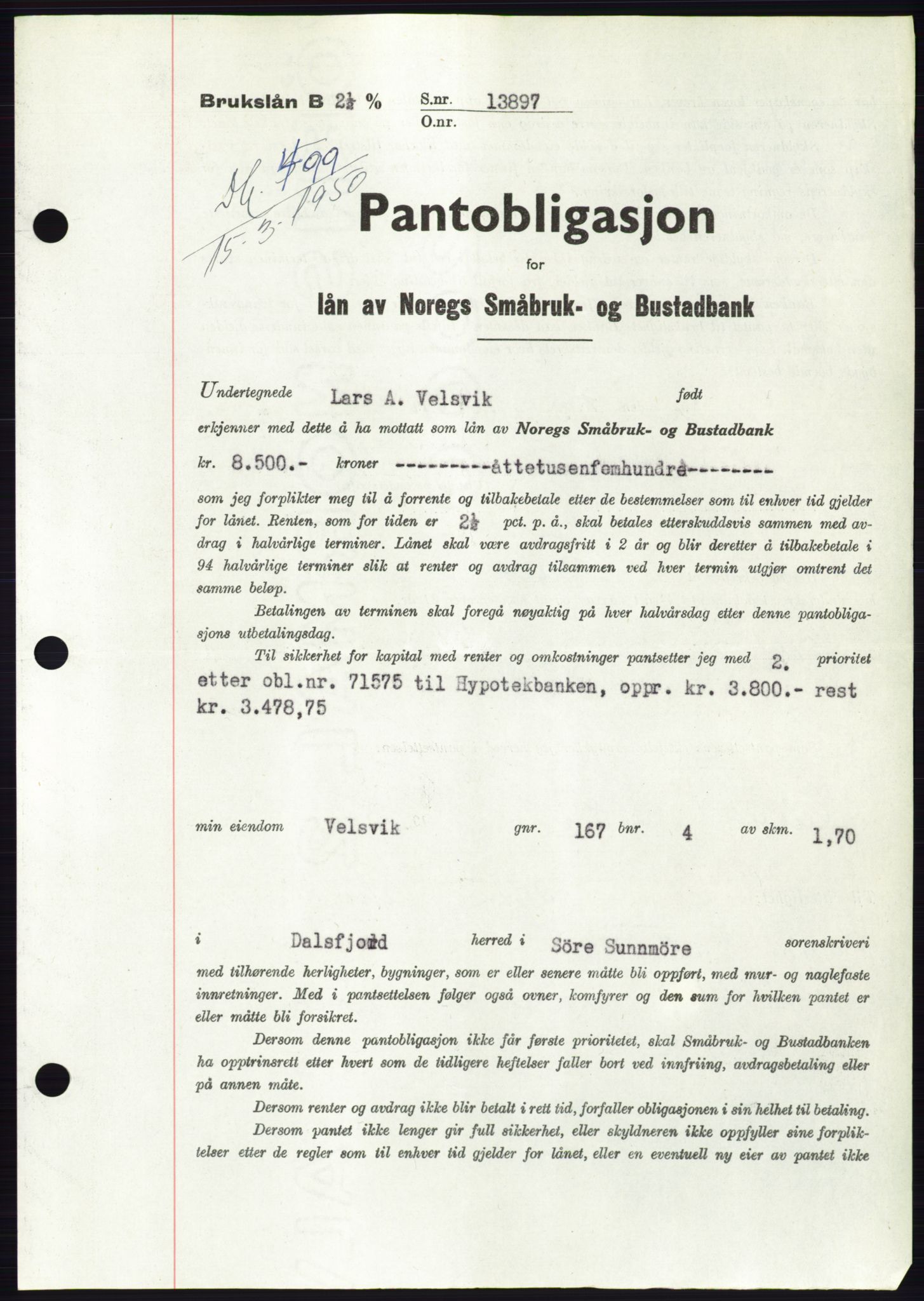 Søre Sunnmøre sorenskriveri, SAT/A-4122/1/2/2C/L0118: Pantebok nr. 6B, 1949-1950, Dagboknr: 499/1950