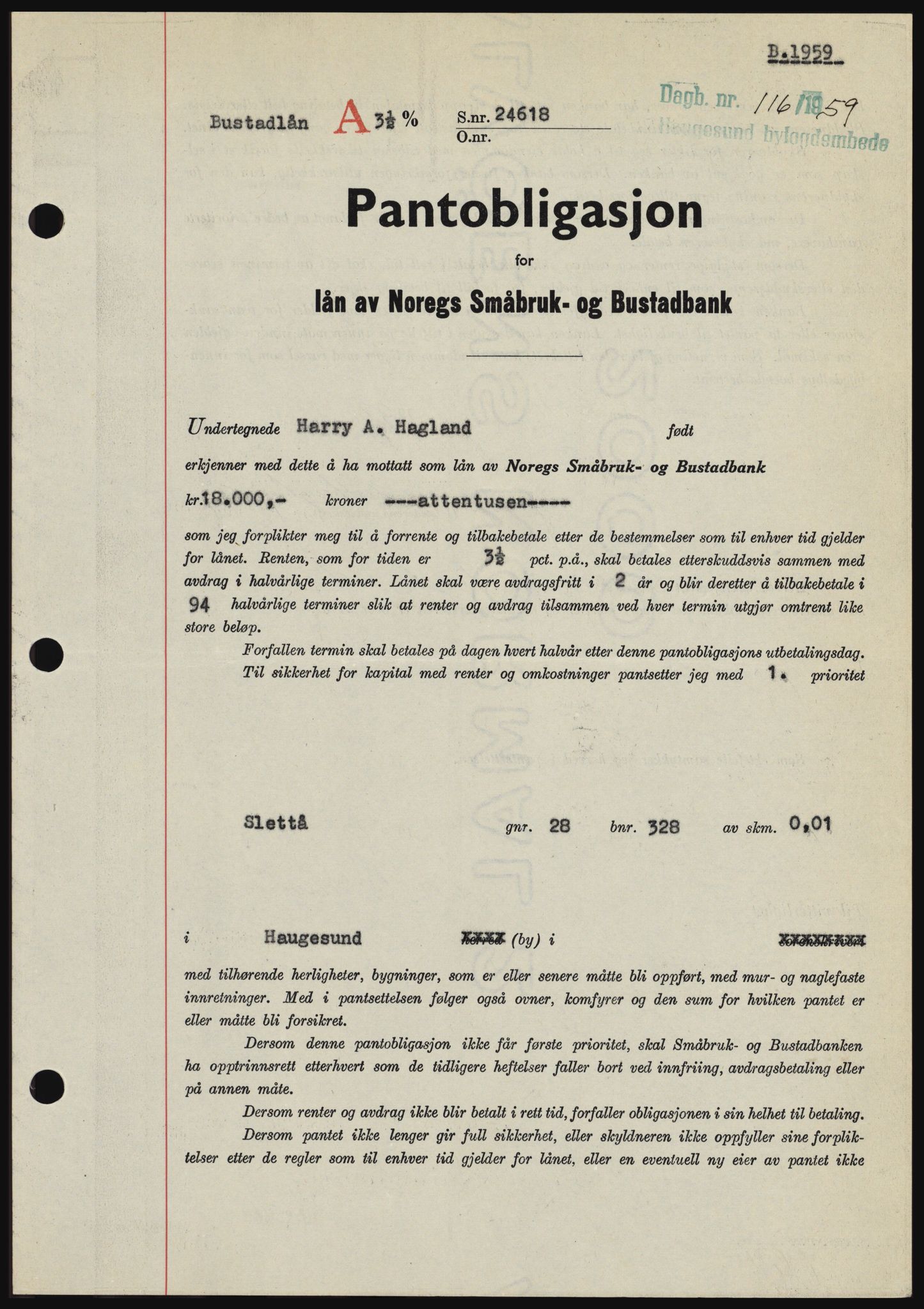 Haugesund tingrett, SAST/A-101415/01/II/IIC/L0044: Pantebok nr. B 44, 1958-1959, Dagboknr: 116/1959