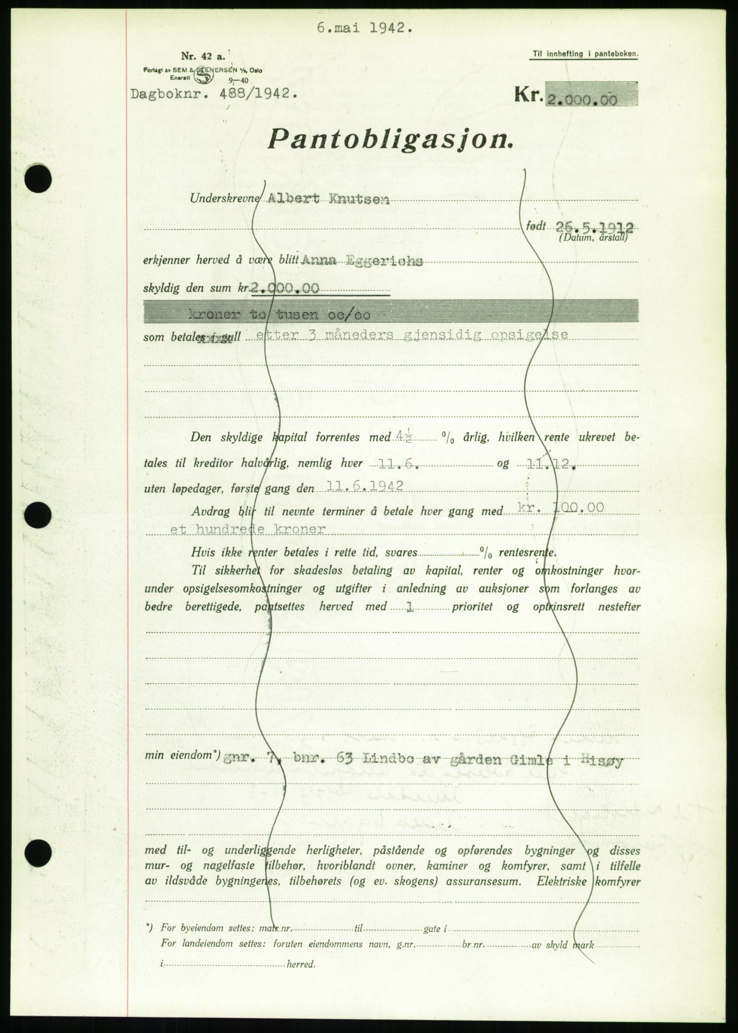 Nedenes sorenskriveri, SAK/1221-0006/G/Gb/Gbb/L0002: Pantebok nr. II, 1942-1945, Dagboknr: 488/1942