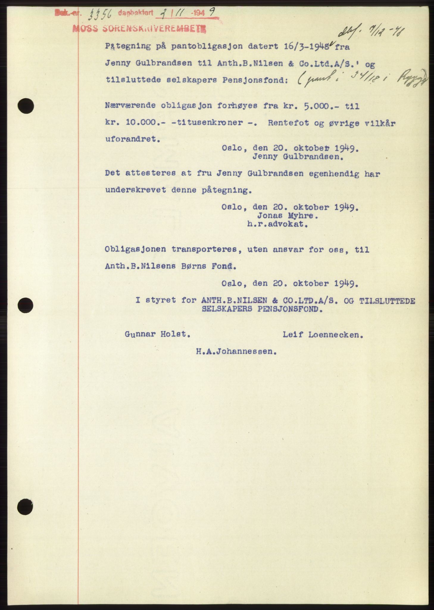 Moss sorenskriveri, SAO/A-10168: Pantebok nr. B23, 1949-1950, Dagboknr: 3356/1949