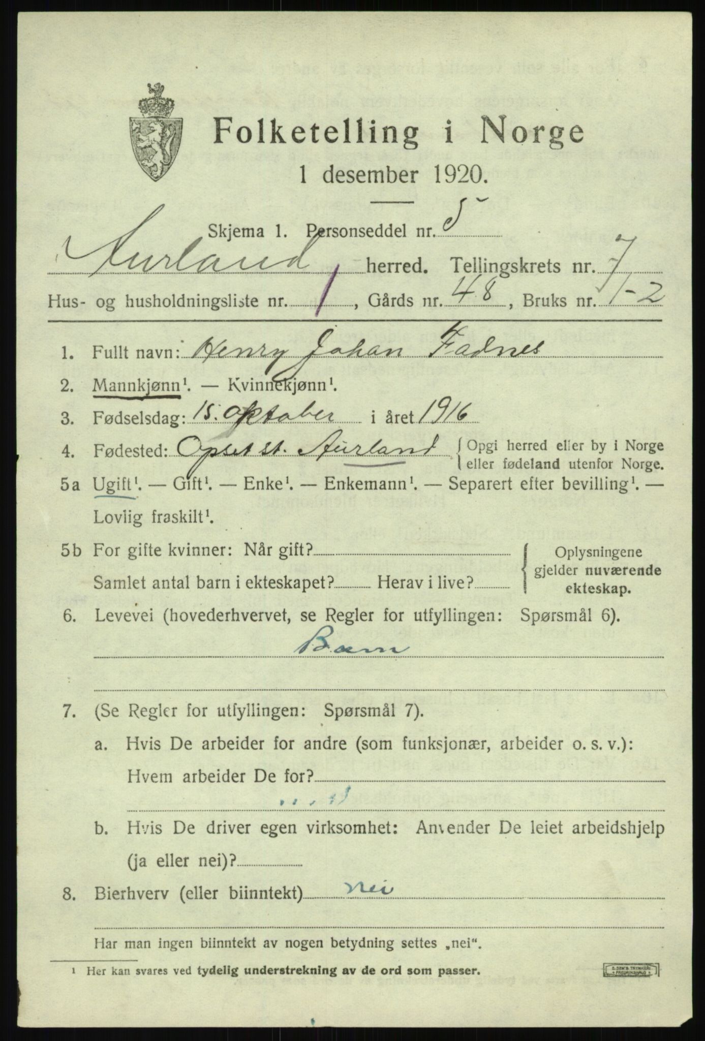 SAB, Folketelling 1920 for 1421 Aurland herred, 1920, s. 4078