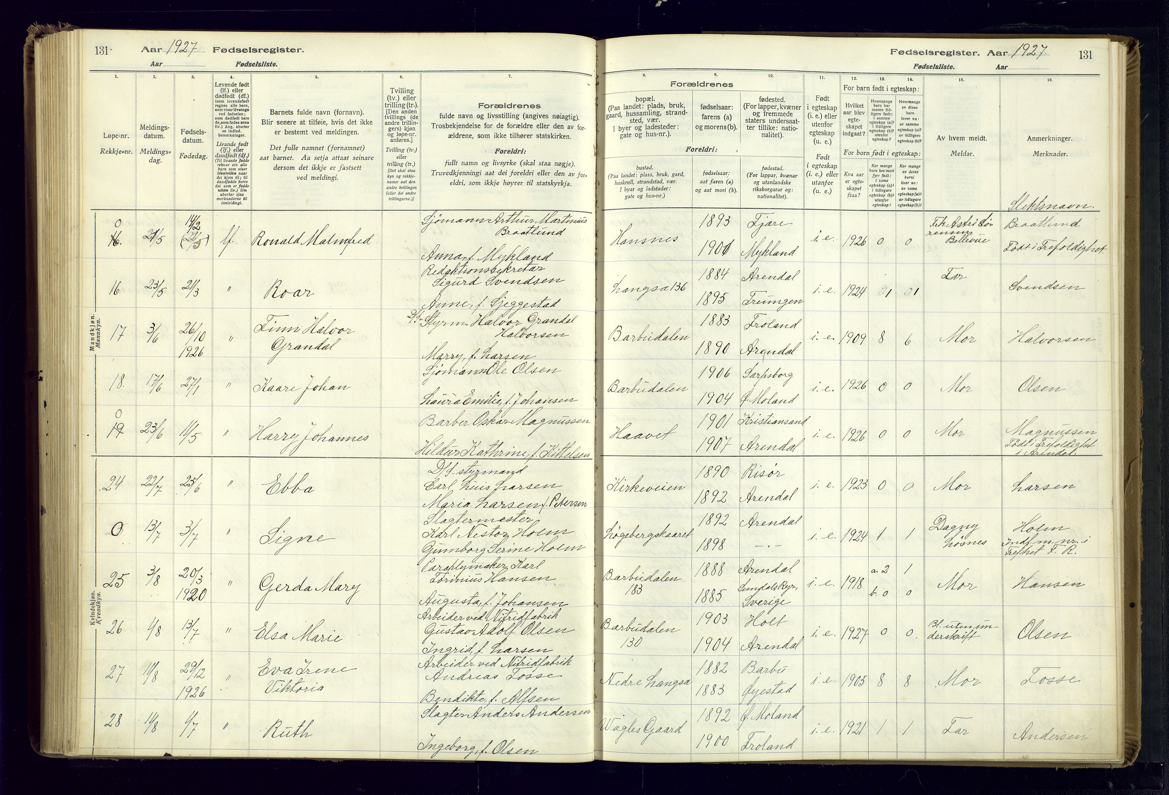 Barbu sokneprestkontor, SAK/1111-0003/J/Ja/L0001: Fødselsregister nr. A-VIII-1, 1916-1937, s. 131