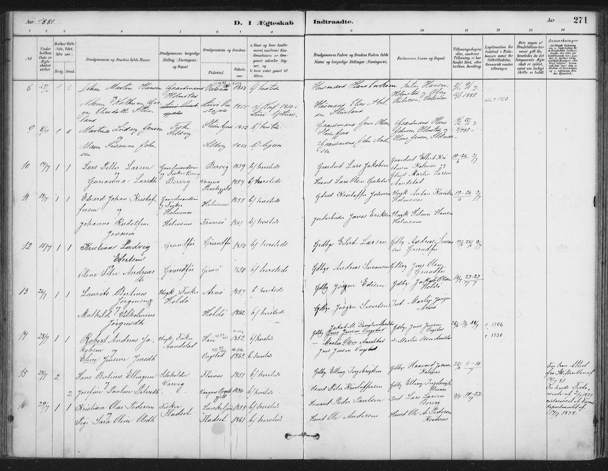 Ministerialprotokoller, klokkerbøker og fødselsregistre - Nordland, AV/SAT-A-1459/888/L1244: Ministerialbok nr. 888A10, 1880-1890, s. 271