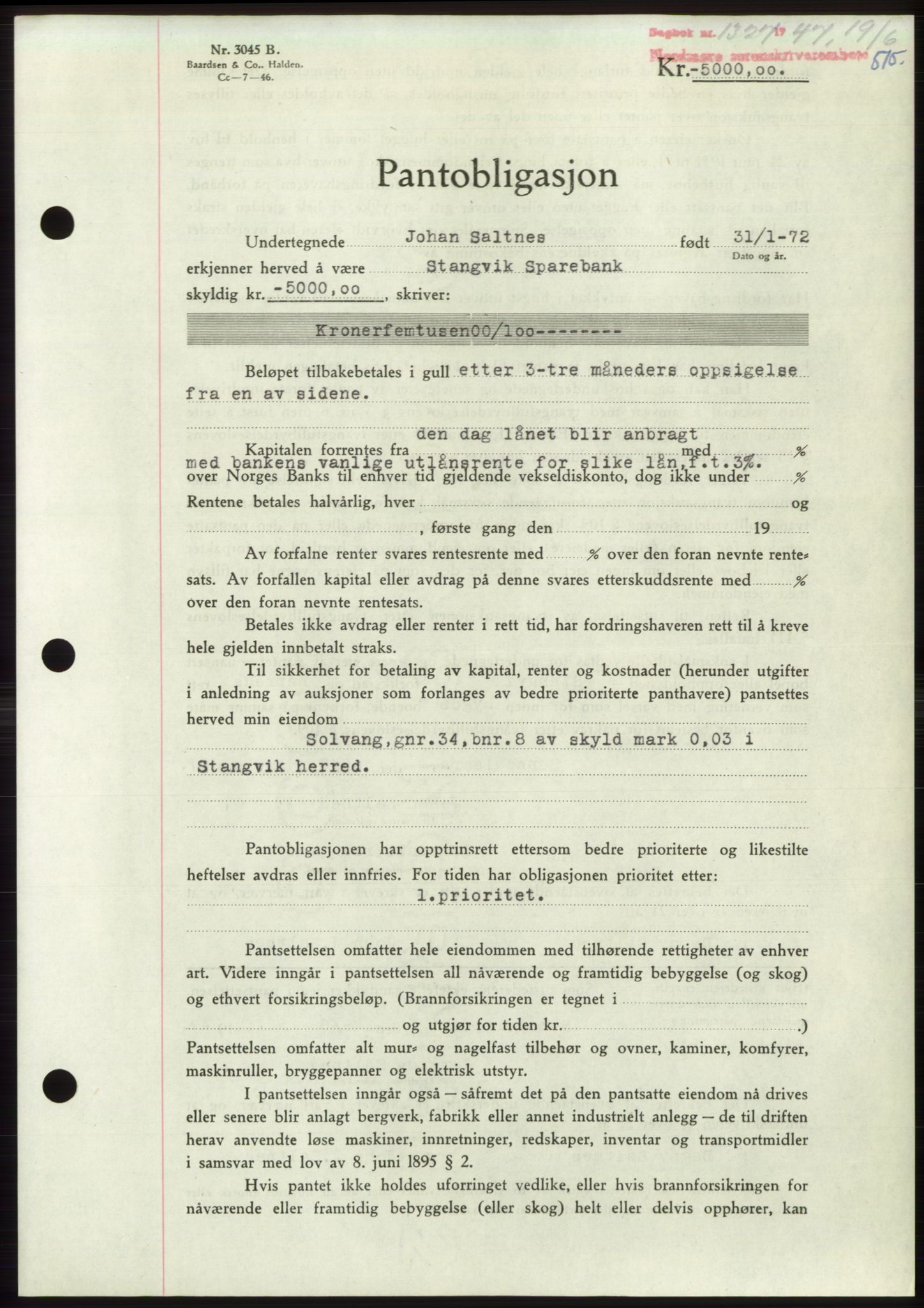 Nordmøre sorenskriveri, AV/SAT-A-4132/1/2/2Ca: Pantebok nr. B96, 1947-1947, Dagboknr: 1327/1947