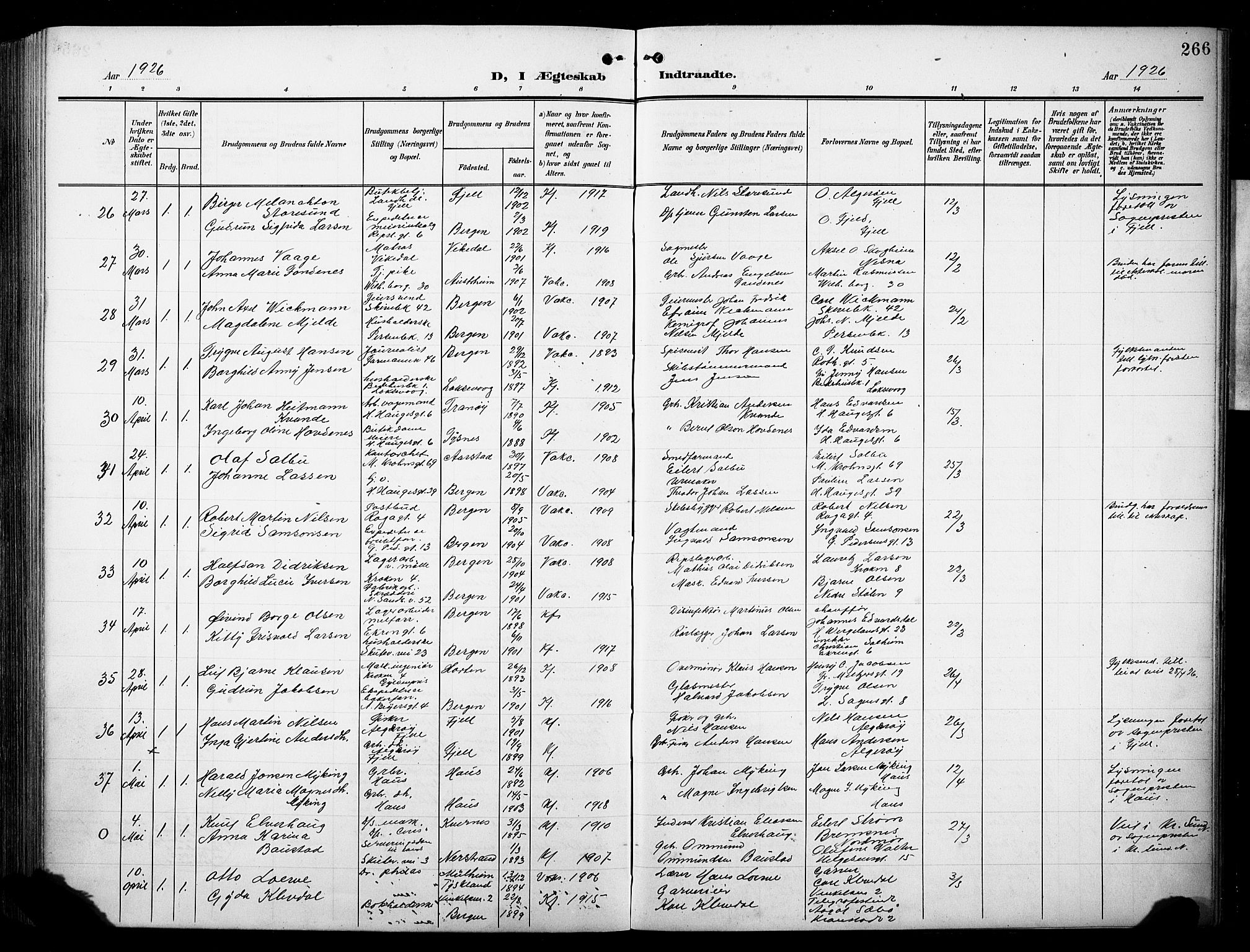 Sandviken Sokneprestembete, AV/SAB-A-77601/H/Hb/L0014: Klokkerbok nr. D 1, 1902-1929, s. 266