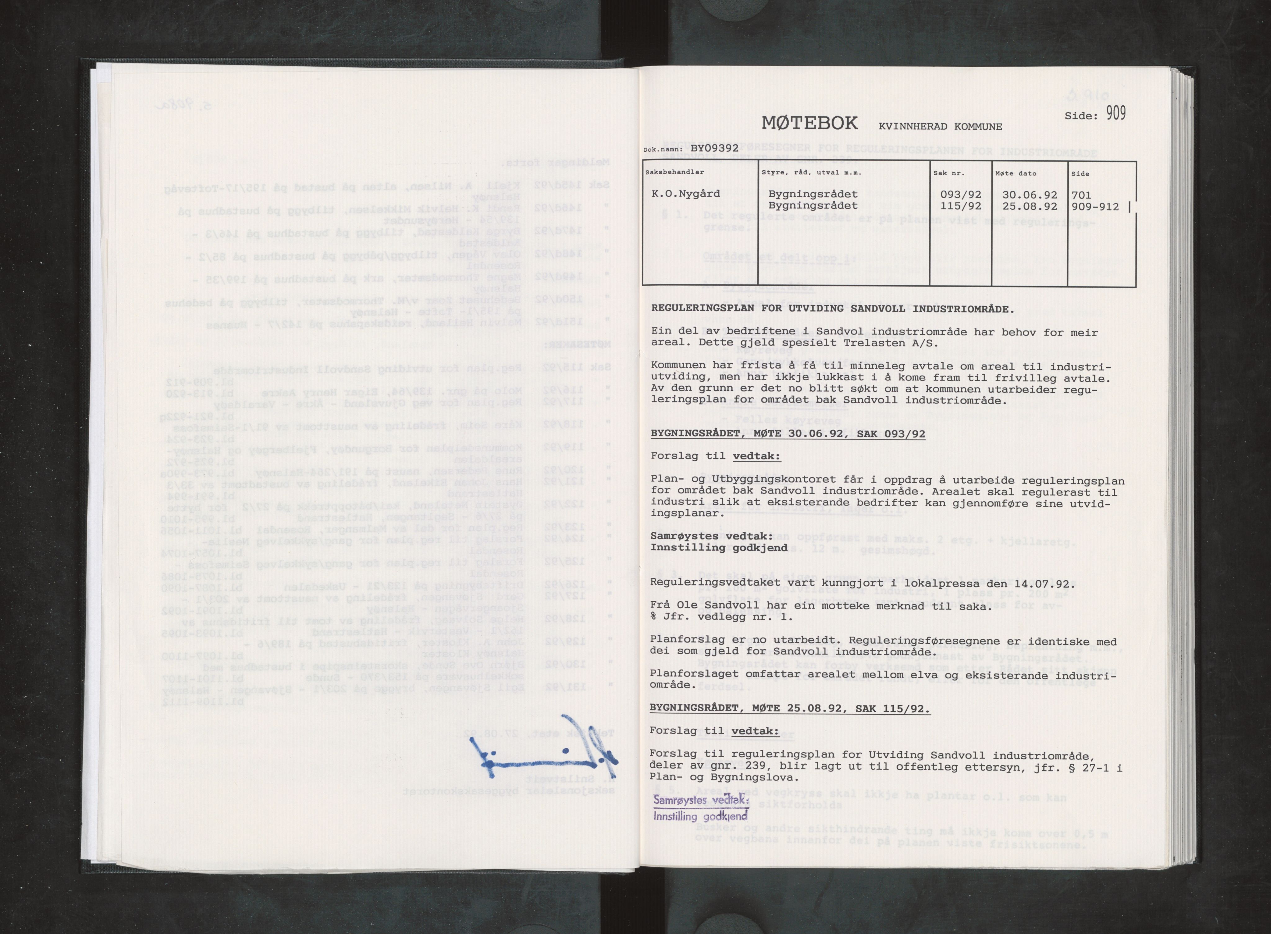 Kvinnherad kommune. Bygningsrådet , IKAH/1224-511/A/Aa/L0081: Møtebok for Kvinnherad bygningsråd, 1992