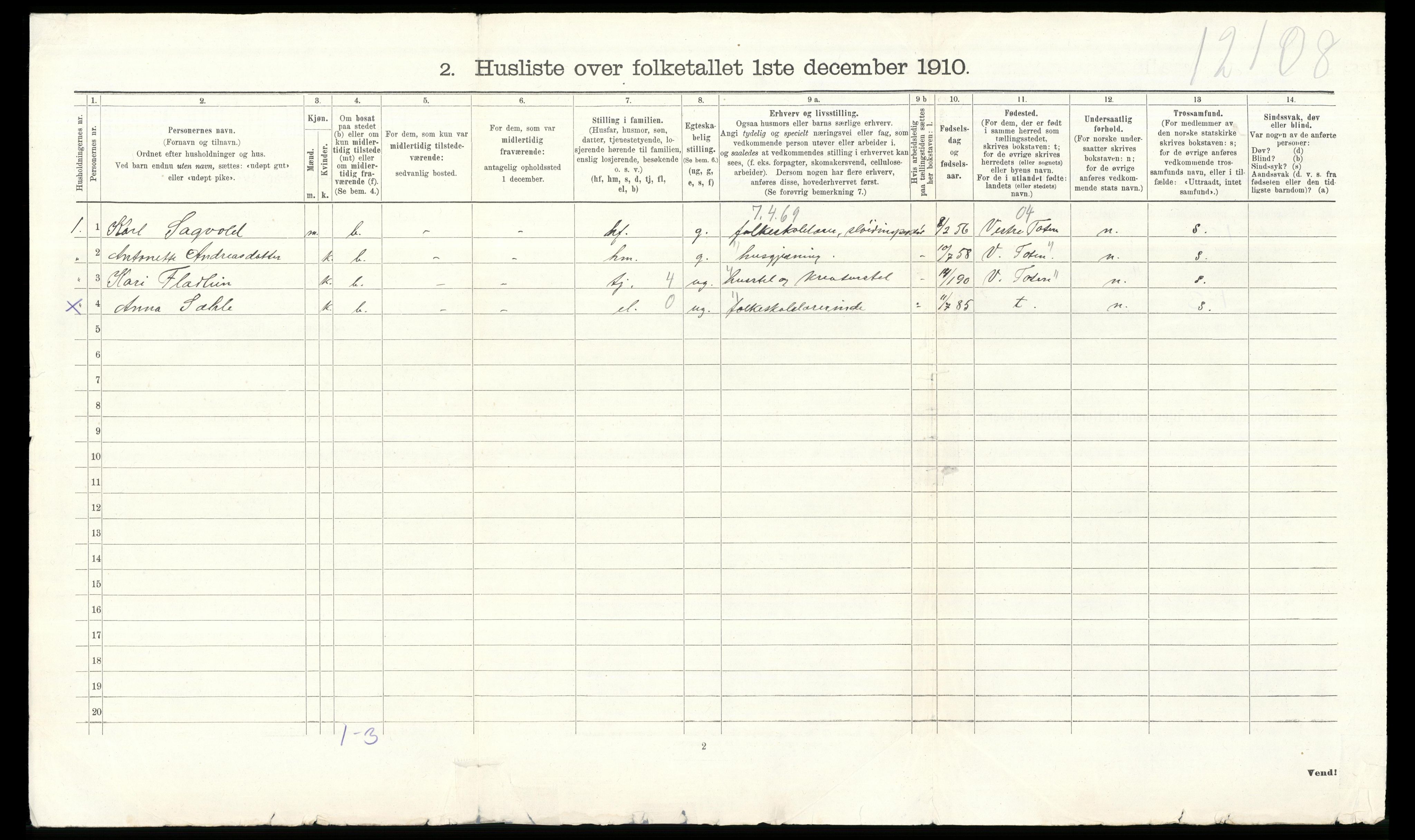 RA, Folketelling 1910 for 0528 Østre Toten herred, 1910, s. 3080