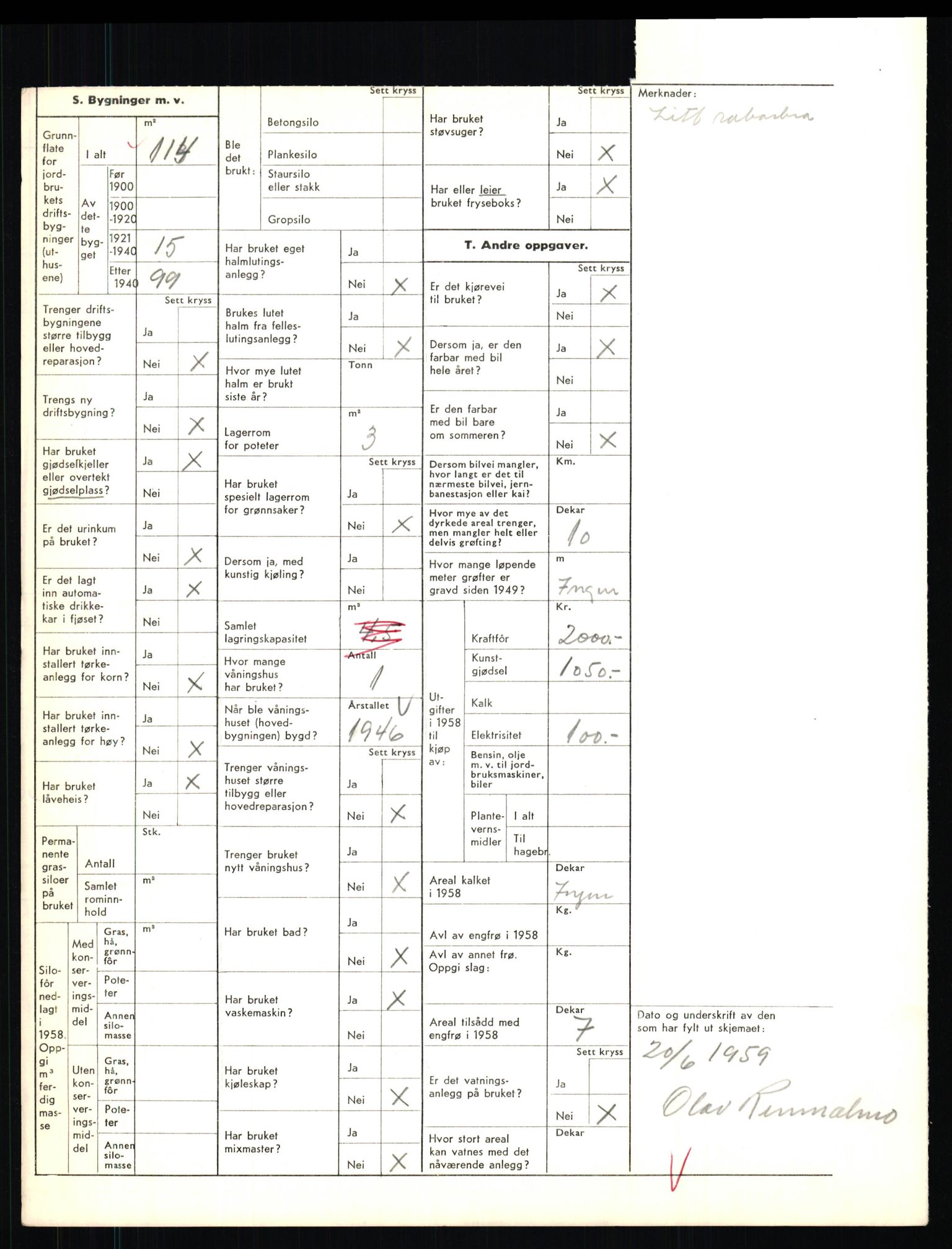 Statistisk sentralbyrå, Næringsøkonomiske emner, Jordbruk, skogbruk, jakt, fiske og fangst, AV/RA-S-2234/G/Gd/L0655: Troms: 1924 Målselv (kl. 4-10), 1959, s. 1422