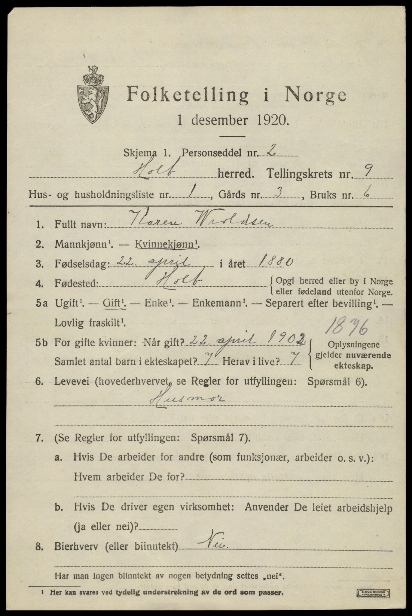 SAK, Folketelling 1920 for 0914 Holt herred, 1920, s. 5206